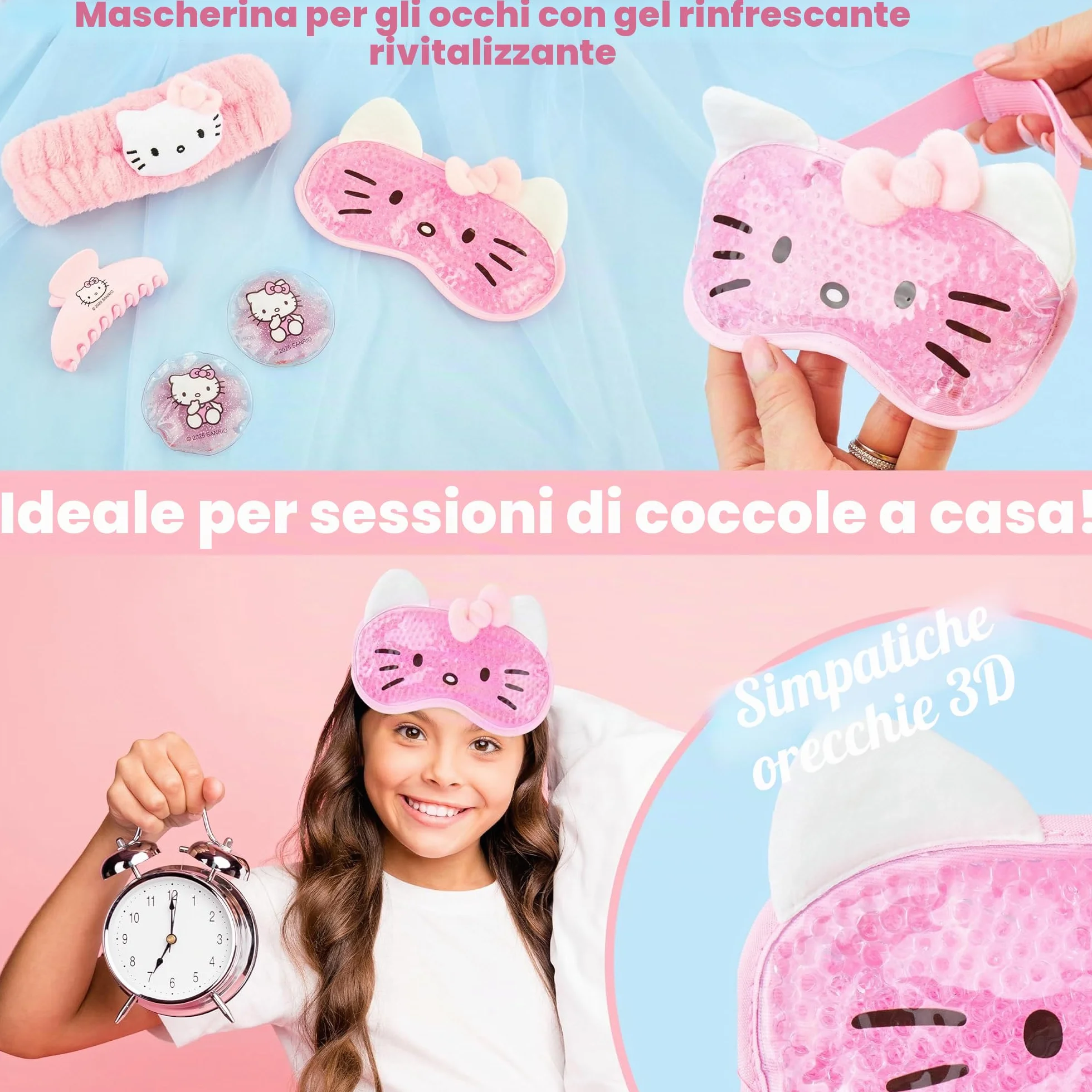 Hello Kitty Sanrio Maschera Occhi Gel Freddo Set Beauty Accessori, Kawaii Fermagli Capelli Fascia Capelli, Coccole Anime Regalo Donna Adolescenti (Rosa Hello Kitty)