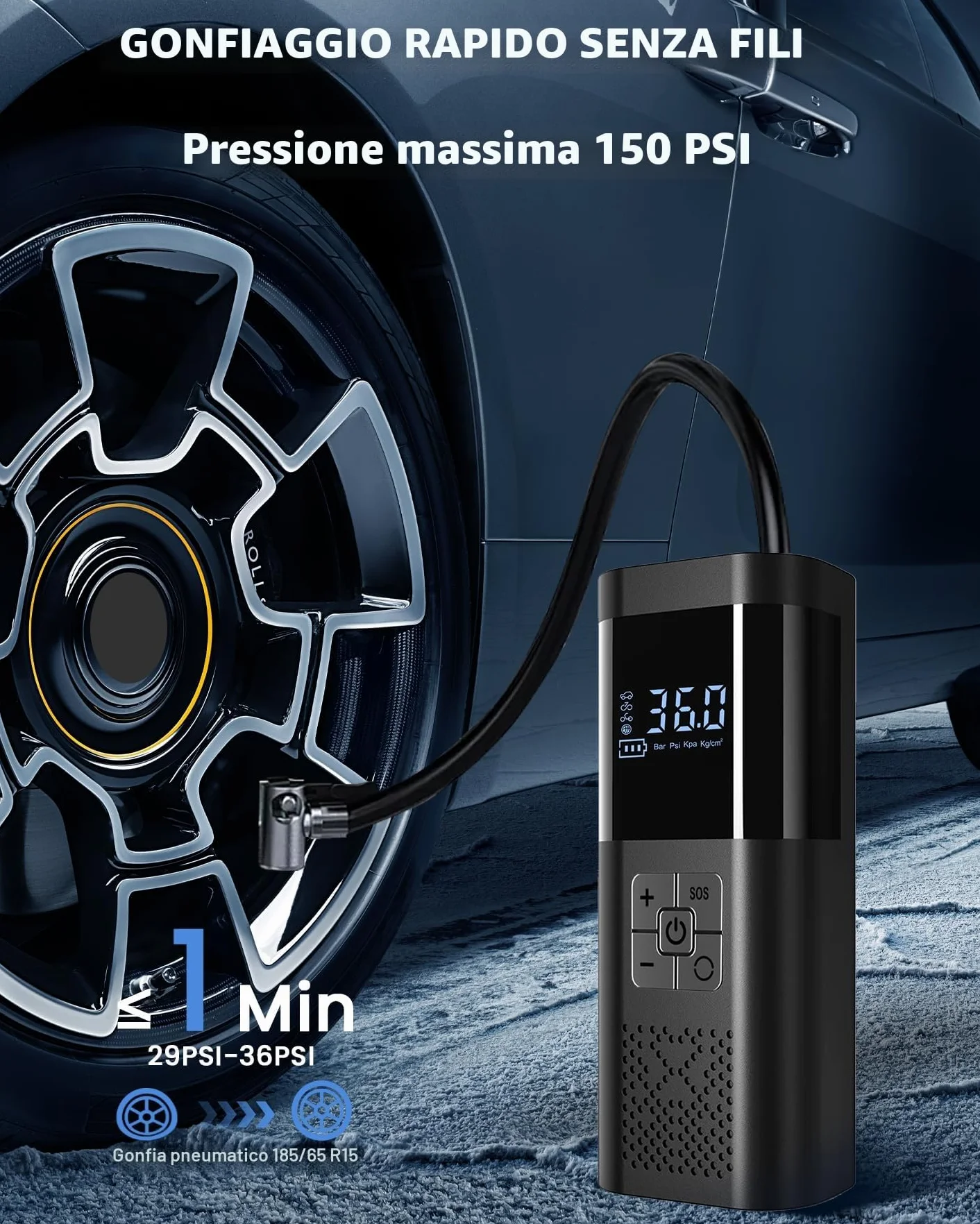 Compressore Aria Portatile 150PSI Mini Compressore a Batteria con Manometro Luce LED per Auto Moto Bici