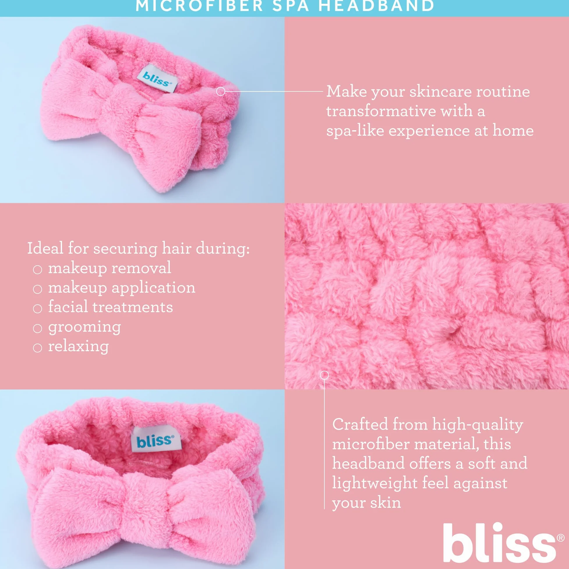 Bliss Fascia da donna per spa – Confezione da 2 fasce in microfibra per lavare il viso, la cura della pelle, il trucco e la fascia per capelli disordinata, accessori per capelli da doccia per donne