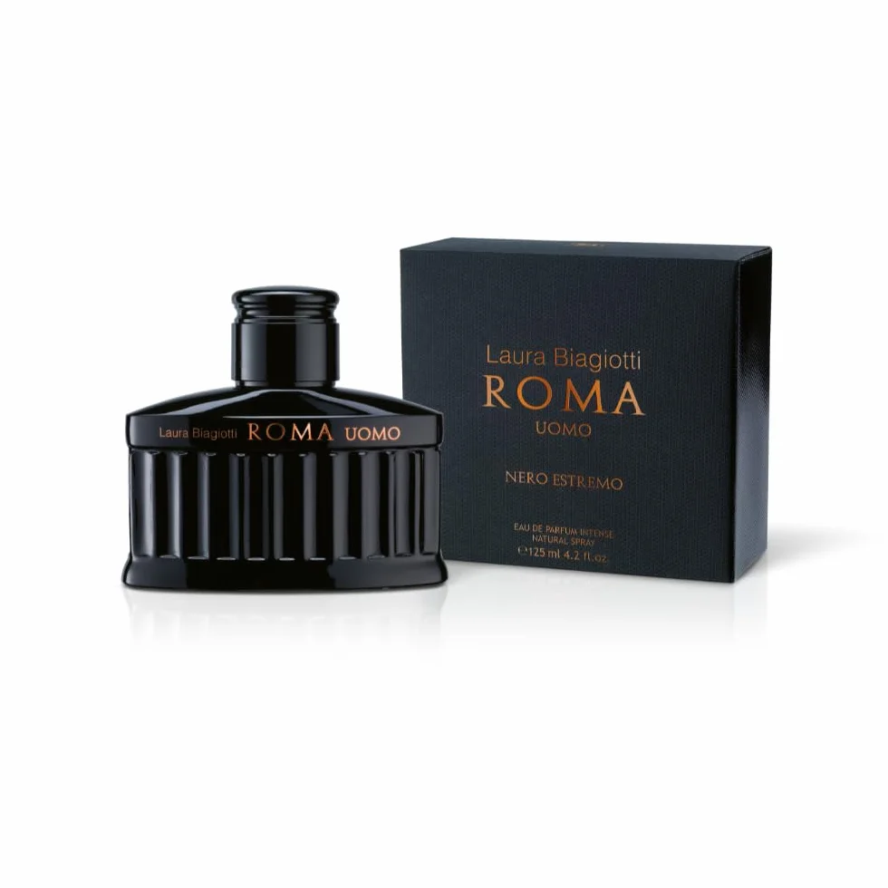 Laura Biagiotti – Roma Uomo Nero Estremo Eau de Parfum Intense 125 ml – Profumo Uomo – Fragranza Fougère Ambrata Legnosa – Note Intense e Profonde – Flacone di Colore Nero Ispirato al Pantheon Romano