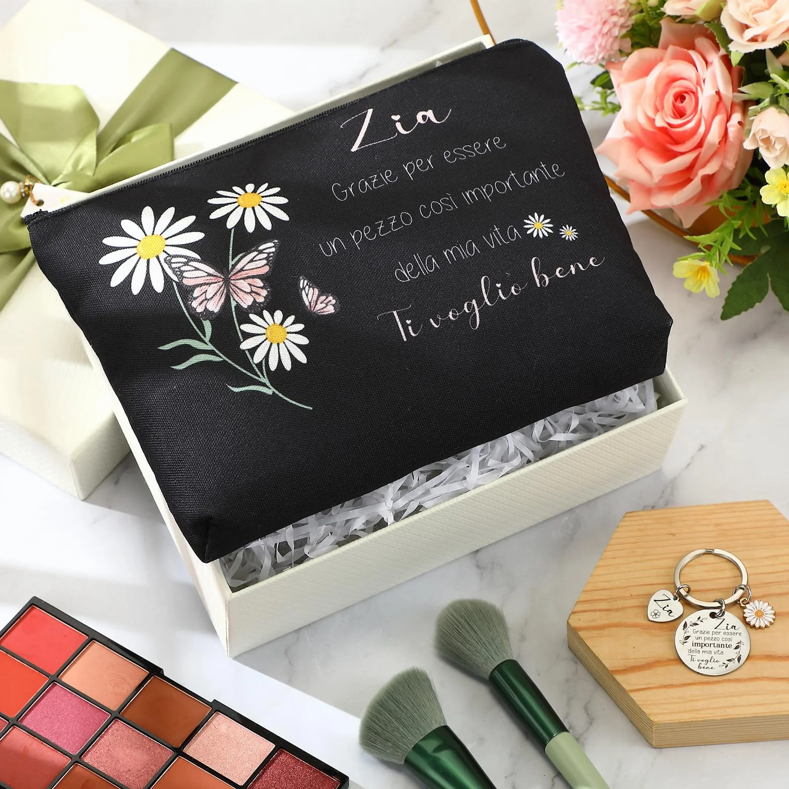 2 Pezzi Regalo per Zia Pochette Portatrucchi Portachiavi Ciondolo per Zia Compleanno Trousse per Cosmetici Borsa da Trucchi Floreale Regalini da Nipote per Donna Festa Natale(Nero)