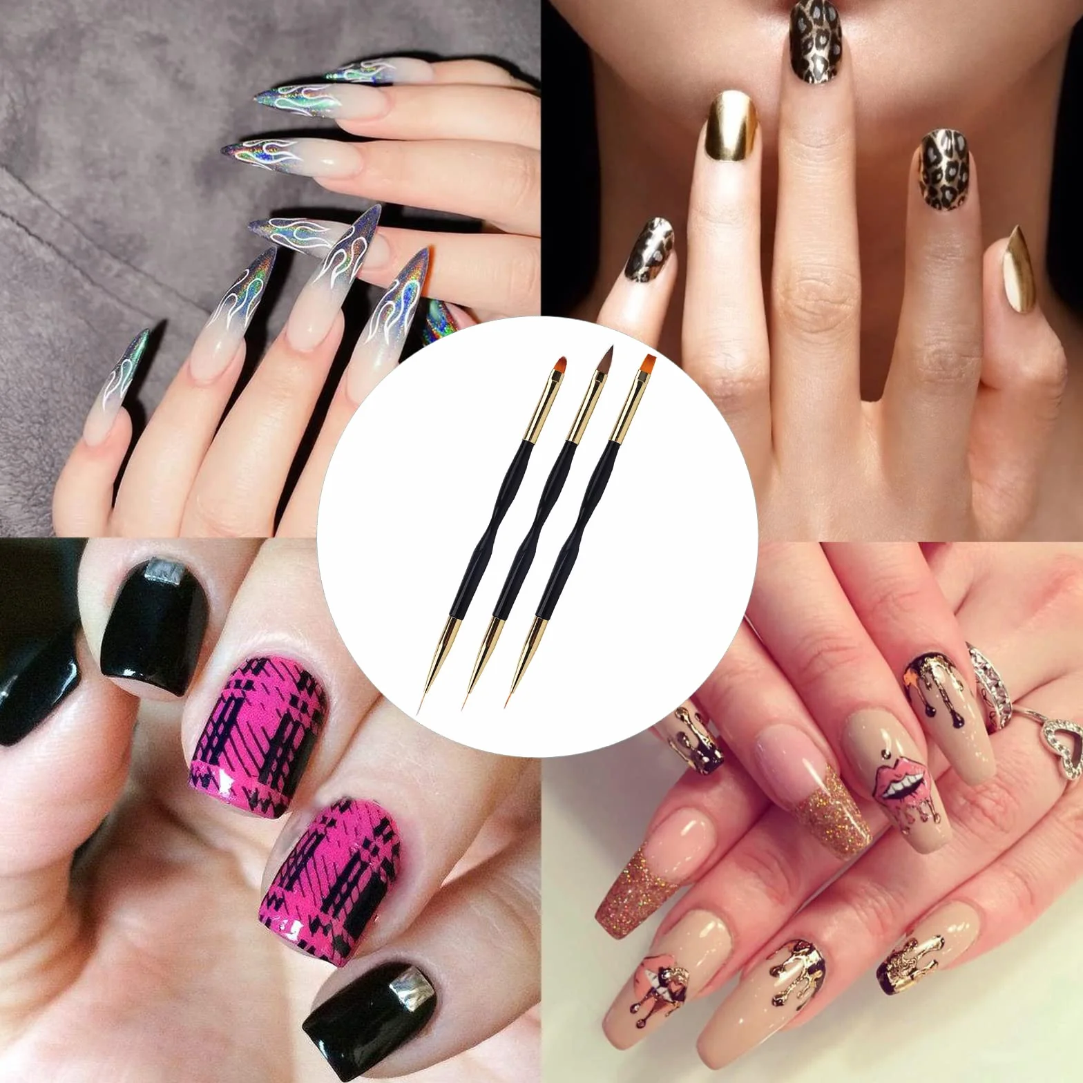 Pennelli per Unghie [3 Pack], Pennelli per Nail Art Professionali, Manicure Kit, Pennelli Smalto, Pennello per Unghie Acrilico Per Decorazioni Unghie (Nero)