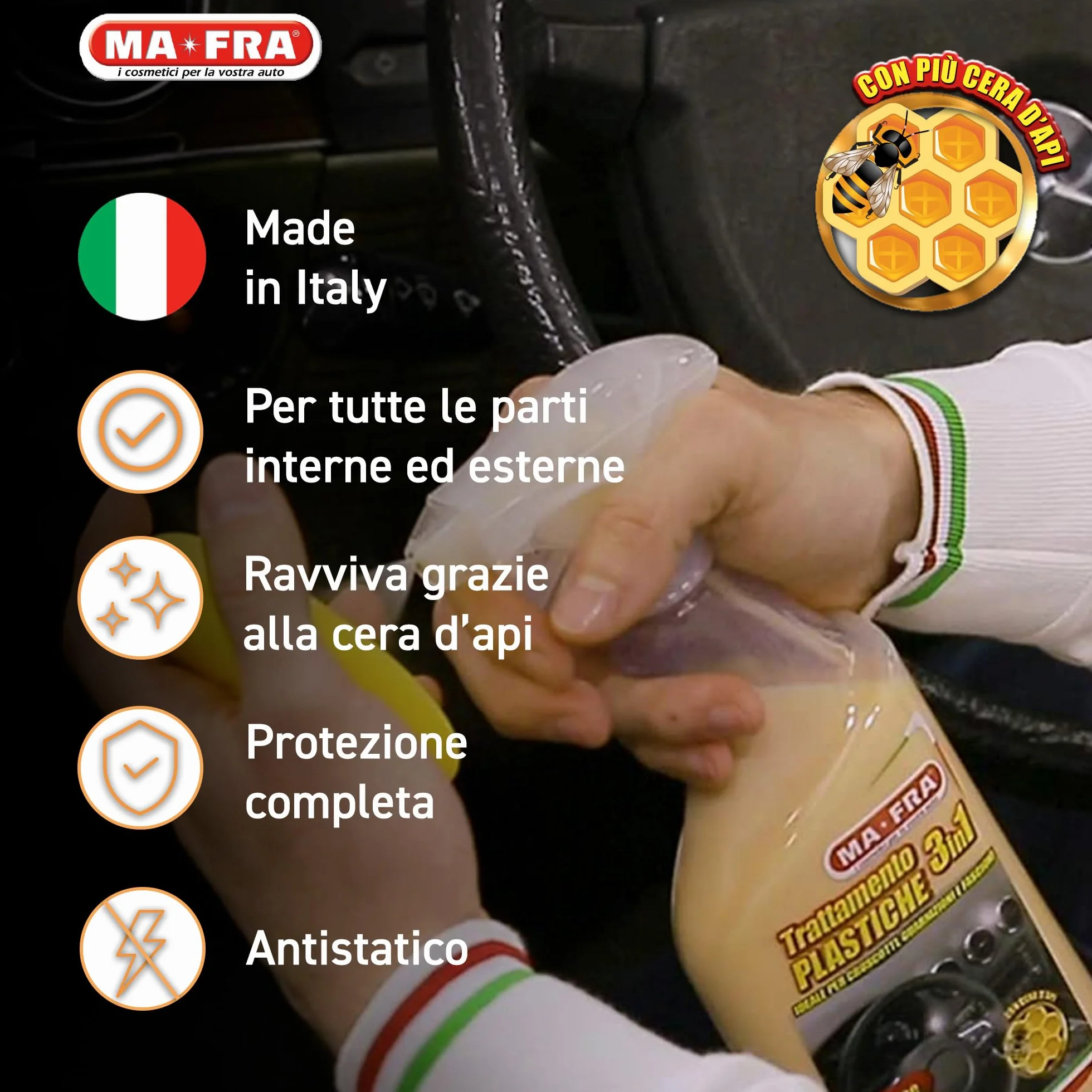 Ma-Fra Trattamento 3in1 Plastiche 500ml Pulisce Ravviva Protegge Cruscotti Guarnizioni Barriera Anti UV