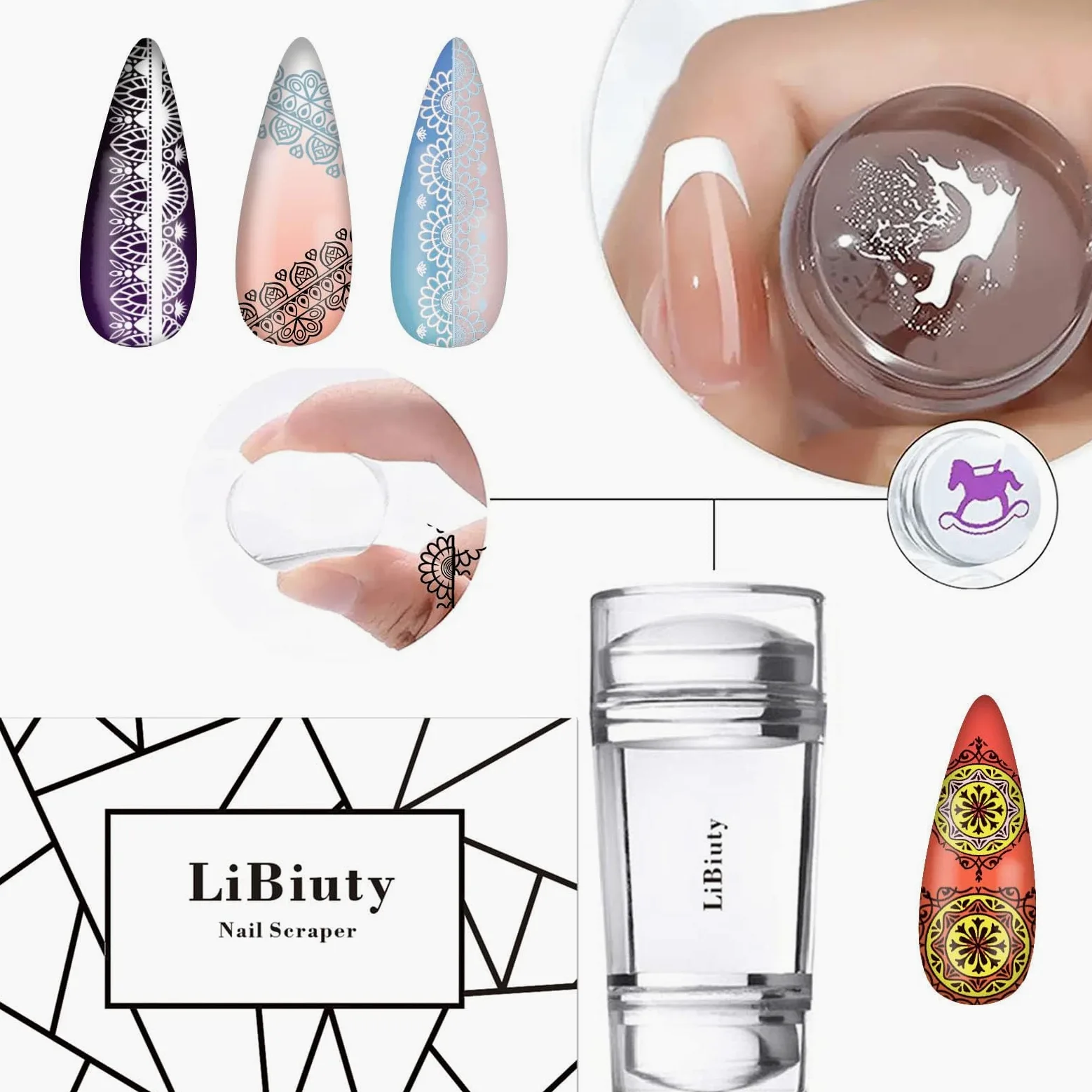 Kit di timbri per unghie, 6 pezzi, piastre geometriche in pizzo con fiori francesi, stencil per unghie con raschietto per timbri per casa, salone, manicure, accessori di design