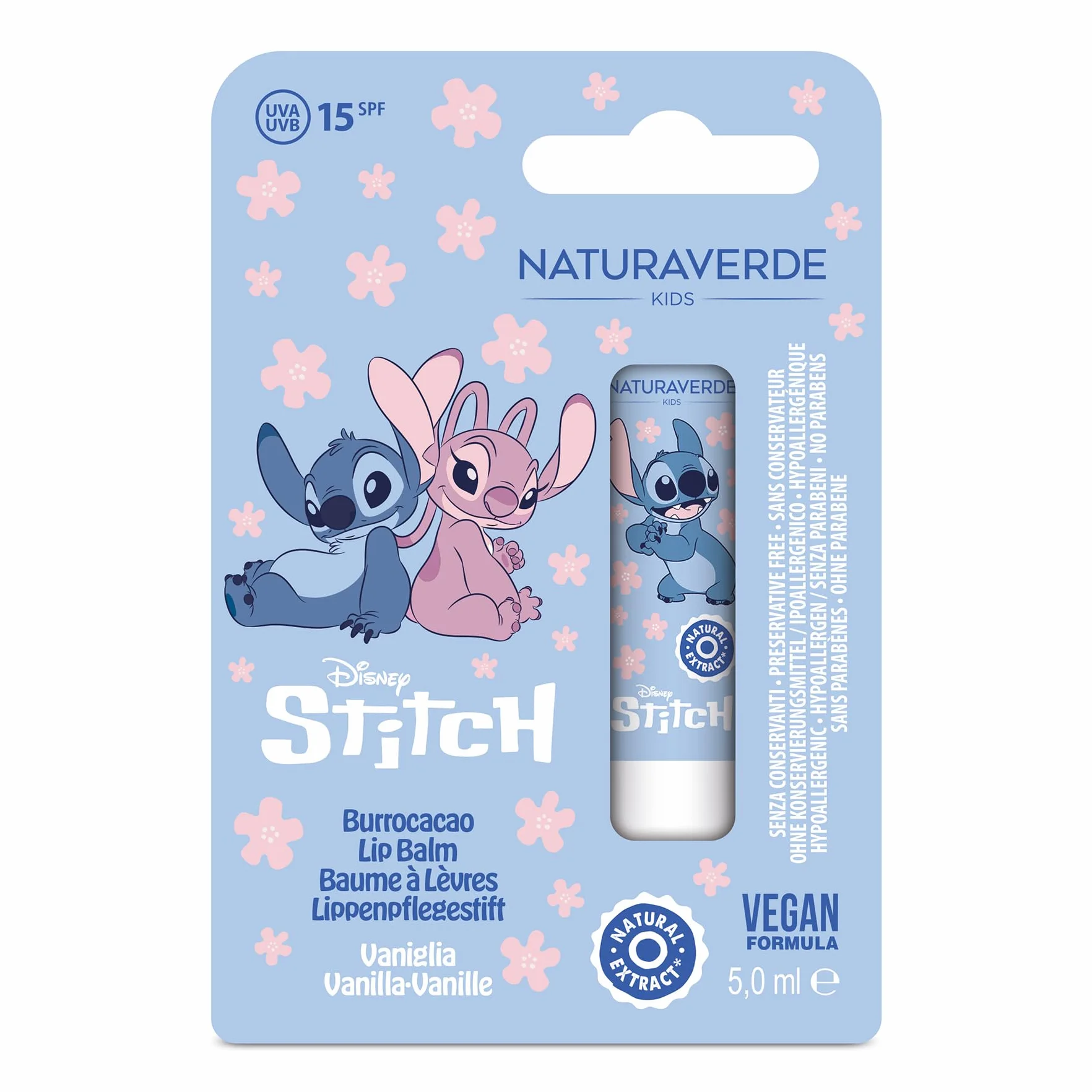 NATURAVERDE Kids STITCH Burrocacao Vaniglia 5ml SPF 15 Idratante Protettivo