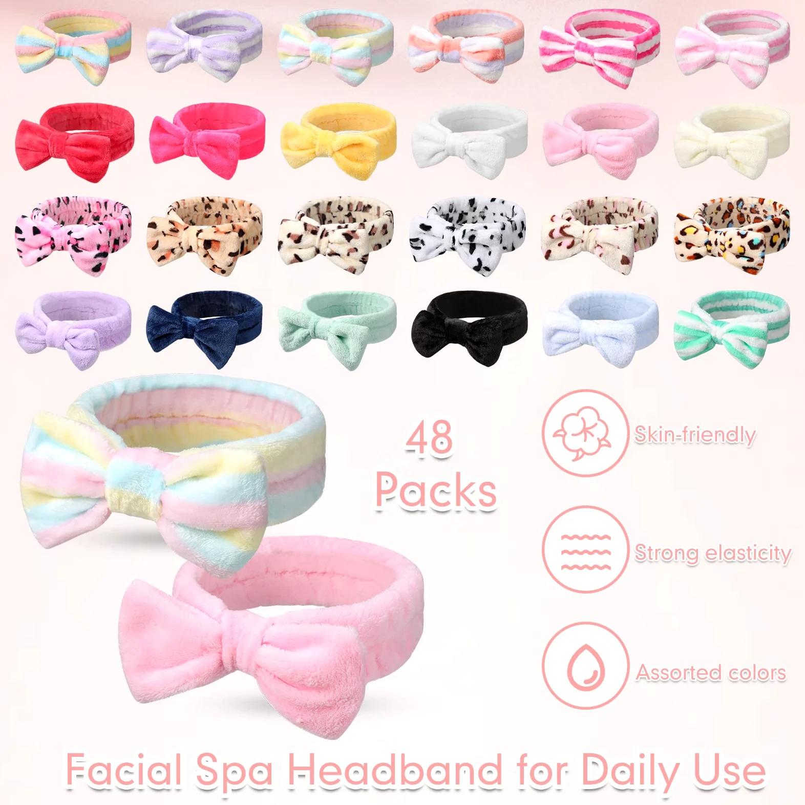 Giegxin 48 fasce per capelli con fiocco, fascia per capelli per il trucco del viso e per il trucco del viso e della peluche, per donne che lavano il viso, la pulizia della doccia, 24 stili