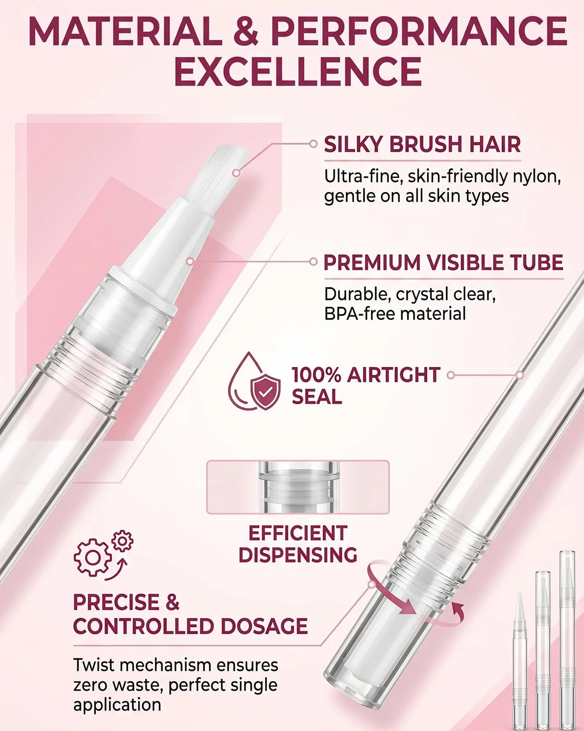 TISCH Penne Applicatore Ricaricabili 9pz, Trasparenti con Pennello (2ml, 3ml, 5ml, 3 pezzi ciascuno) per Olio Cuticole Unghie, Siero, Fondotinta e Gloss Labbra