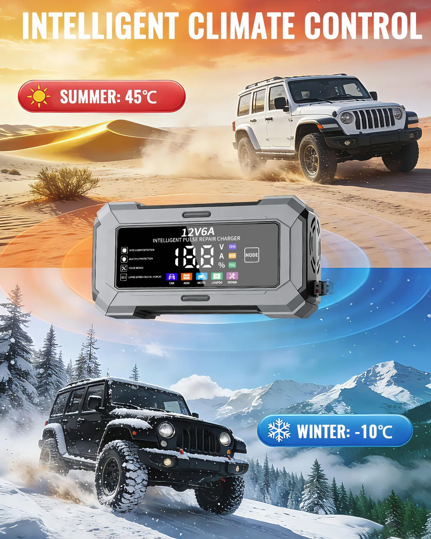 TANYO Caricabatterie Intelligente 12V 6A con Display LCD per Auto Moto AGM LiFePO4