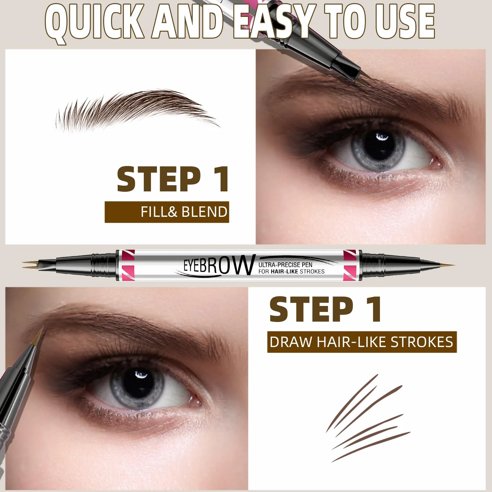 Matita per Sopracciglia Impermeabile Doppia Testa, Penna Eyeliner e Sopracciglia 2 in 1, Liquido Penna Sopracciglia Effetto Pelo per creare sopracciglia naturali, a lunga durata (Marrone scuro)