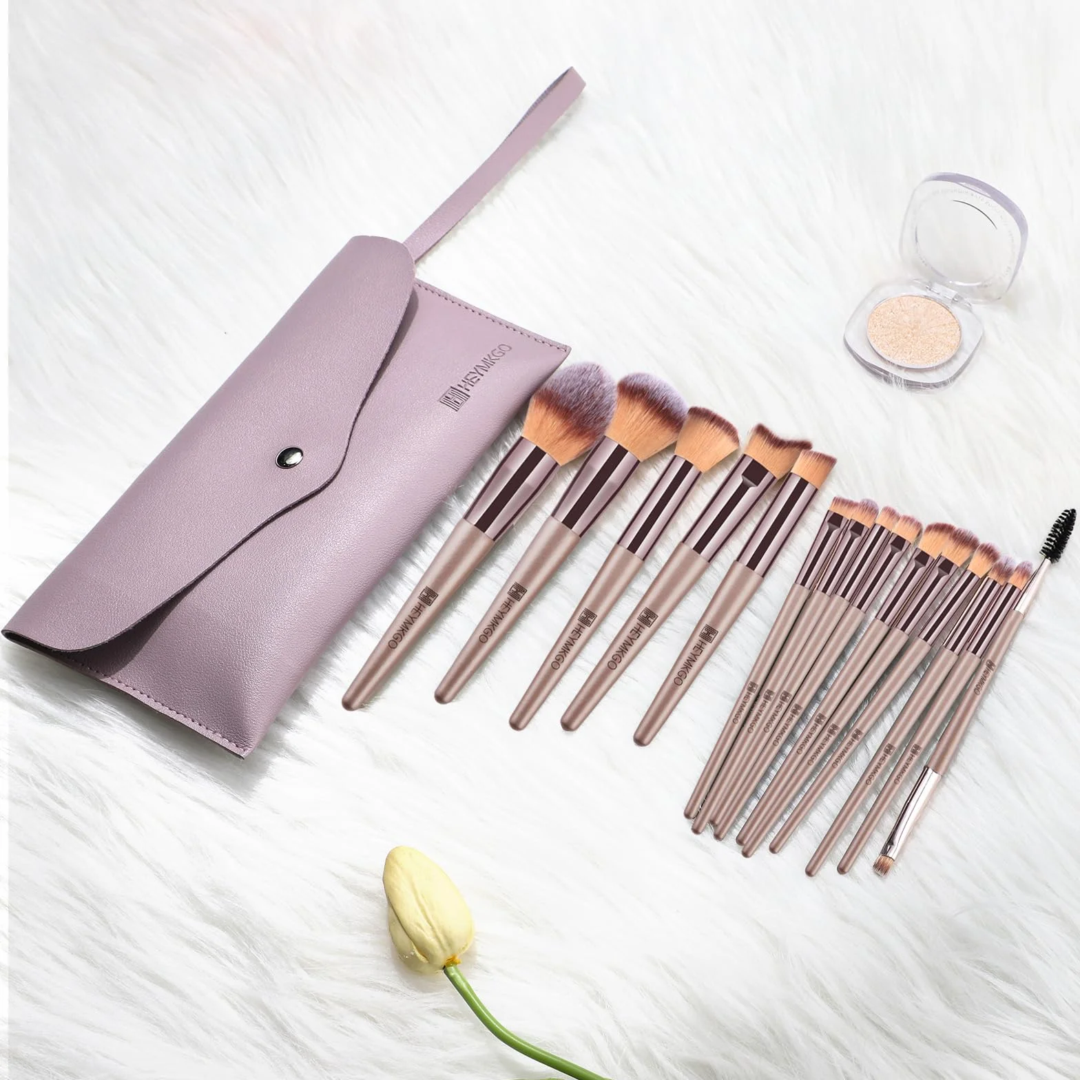 HEYMKGO Set Pennelli Trucco 15 Pezzi Professionale con Trousse Pelle PU Champagne Gold Kit Makeup Brushes Regalo Donne