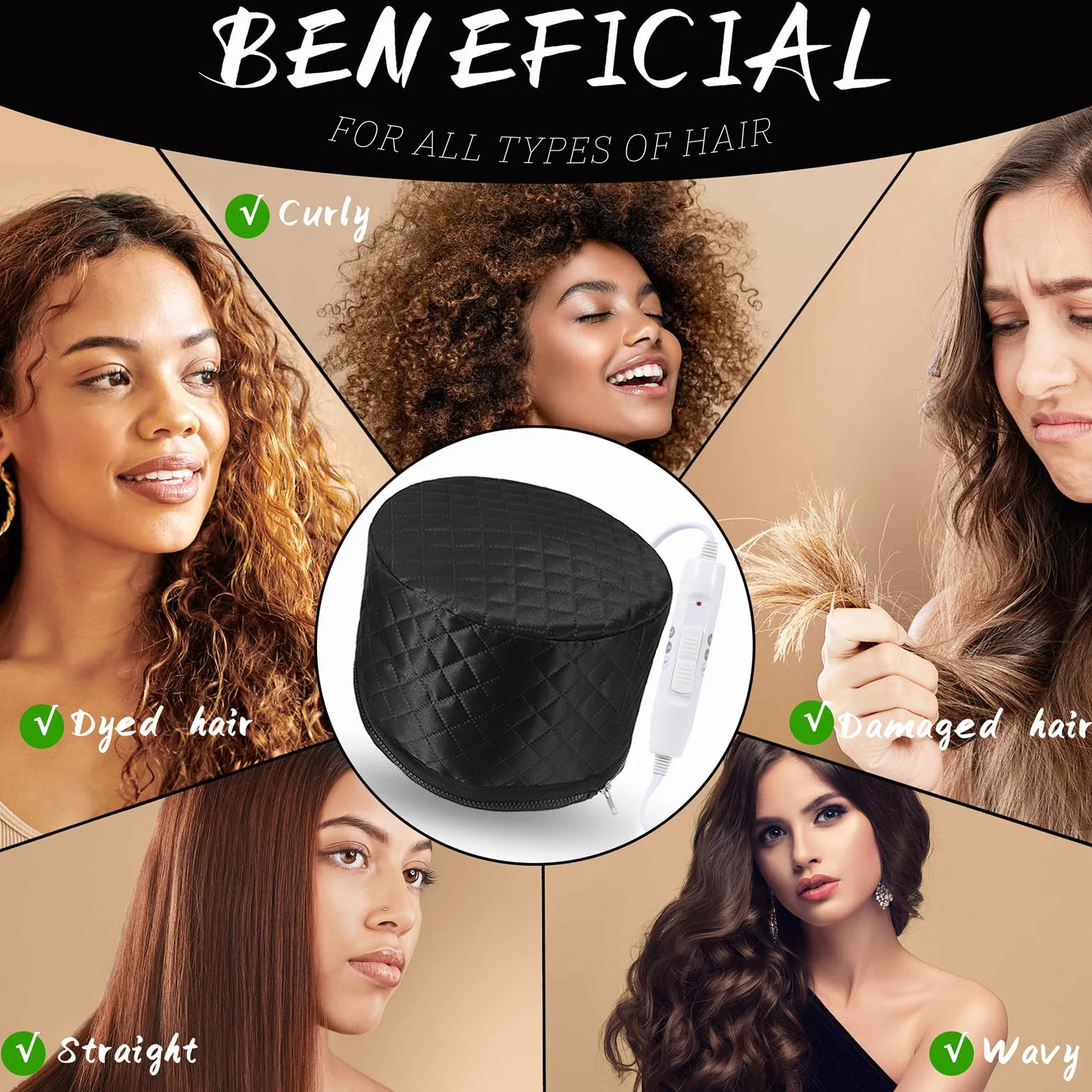 Cappello termico per trattamenti di profondità, cuffia a vapore per maschere per capelli, cuffia riscaldante con 2 modalità di temperatura per spa, salone, casa - Nero