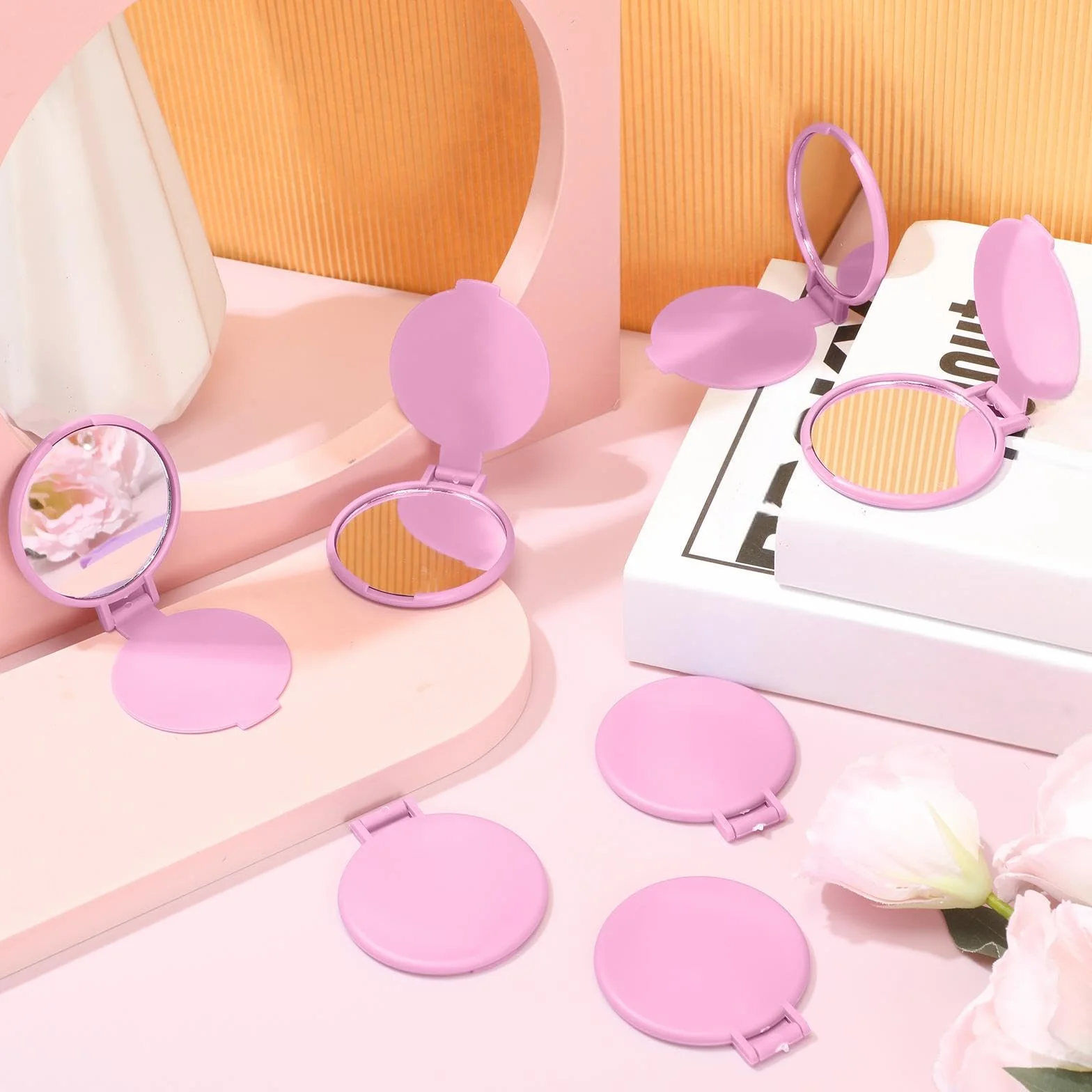 Mini specchi compatti rotondi portatili pieghevoli 7,1 x 6,1 cm rosa