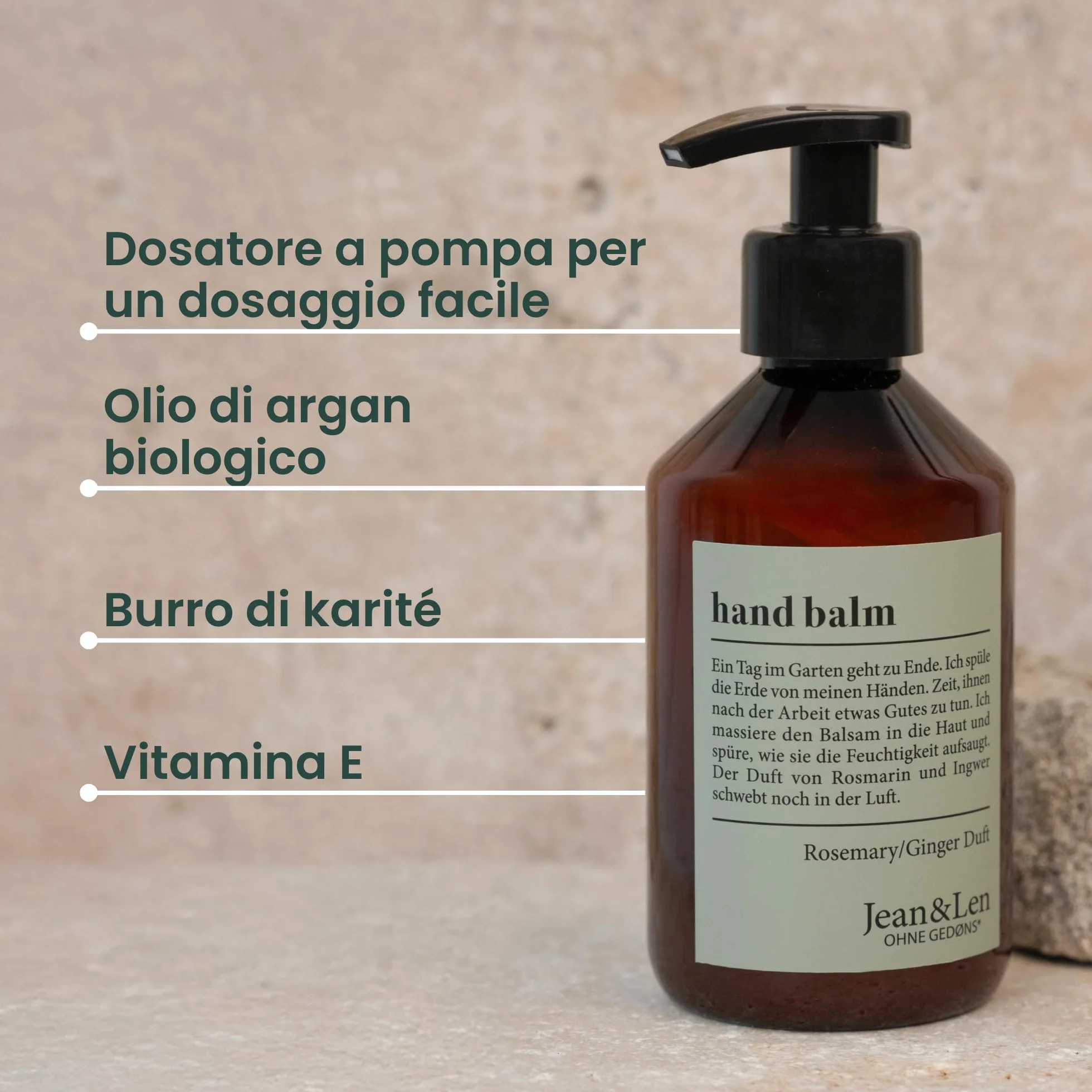 Jean & Len Balsamo Mani Rosmarino & Zenzero, con olio di argan bio, burro di karité e vitamina E per mani morbide, crema idratante per pelle secca, profumo fresco e aromatico, 250 ml