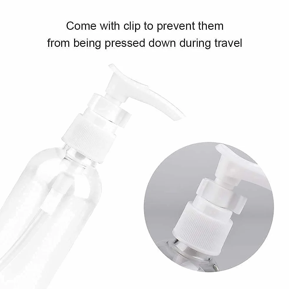 6 Pezzi Bottiglie da Viaggio Trasparenti 100ML / 3.4OZ Pompa in Plastica Dispenser per Lozione Vuote con 2 Piccoli Imbuti