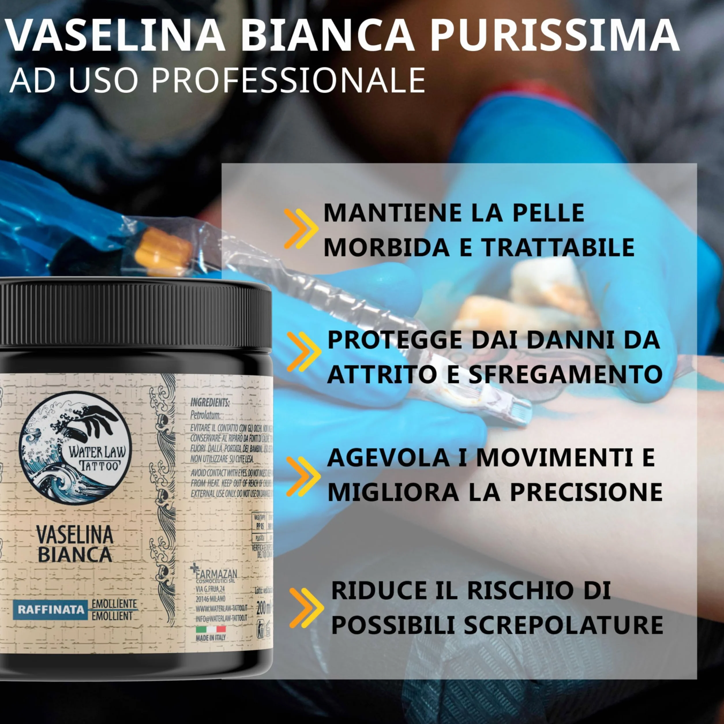 Water Law Tattoo Vaselina Bianca 200ml, Vaselina Pura Altamente Raffinata, Vaselina Tattoo Professionale, Emolliente, Lubrificante, Protettiva, Senza Profumi o Coloranti, Made in Italy