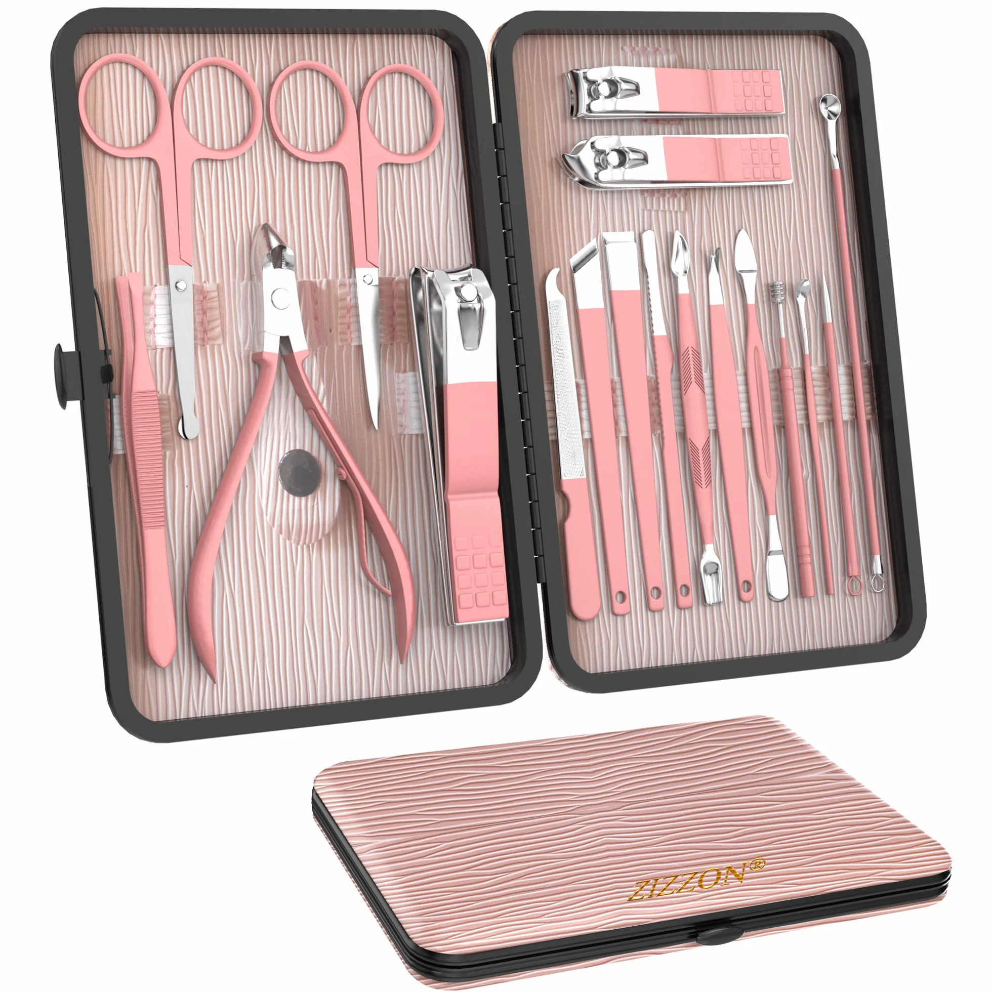 ZIZZON Set manicure 18 in 1 Set professionale per pedicure Forbici per unghie Kit per toelettatura con custodia da viaggio in pelle Rosa