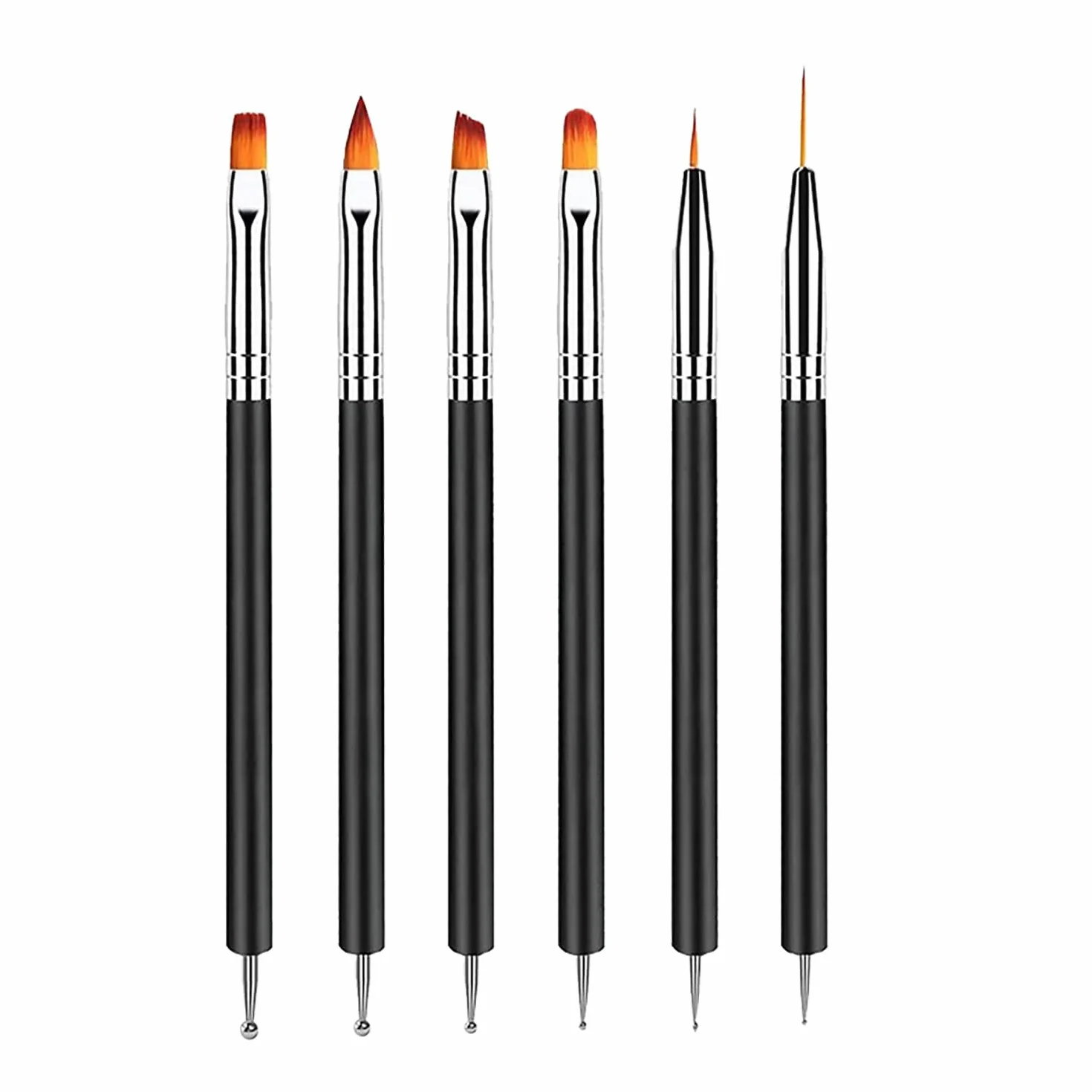 Pennelli Unghie Gel Doppia Punta Nail Art 6 Pezzi con Punteggiatura per DIY Decorazioni Nero