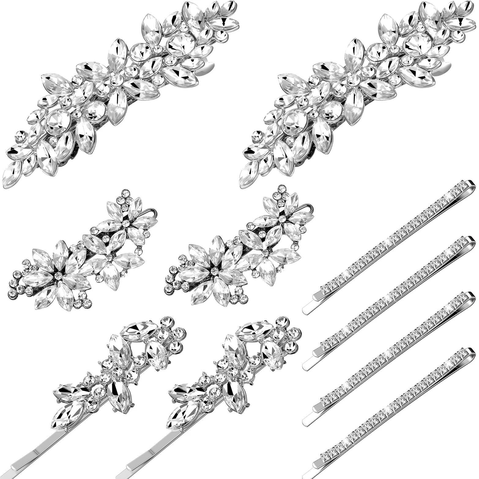 Janinka 10 fermagli per capelli da sposa con strass, forcine per capelli da sposa, forcine argentate per capelli a forma di foglia e fiore, eleganti accessori per capelli per sposa, donne e ragazze