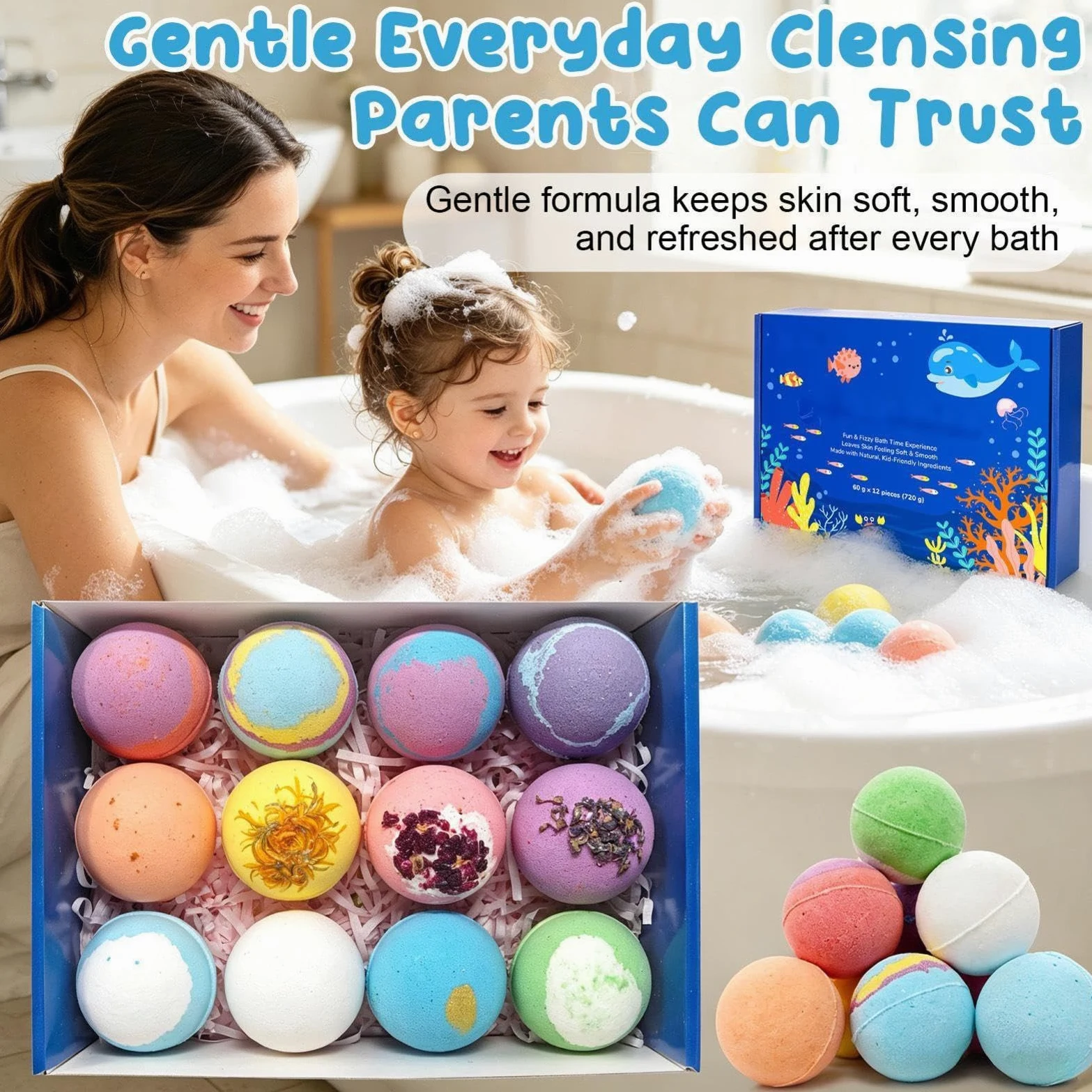 Bagnoschiuma Effervescente Con Sali da Bagno Profumati e Giocattoli | 12 Bagni Schiuma per Bambini Ideale per Donna Mamma Moglie Uomo Nonna Ragazza Giovani Famiglia Casa
