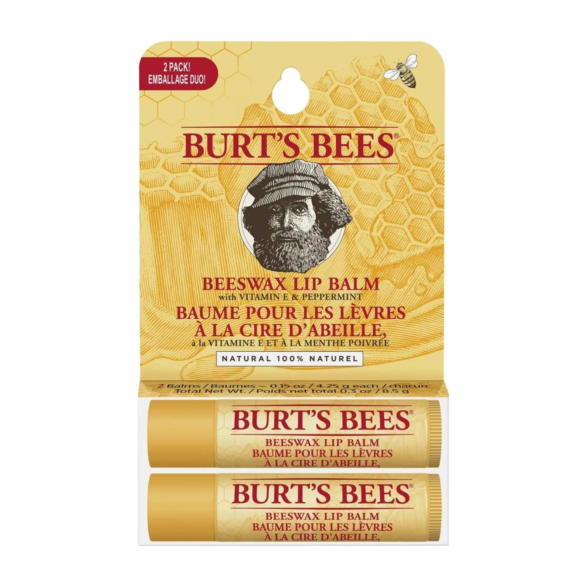 Burt's Bees Balsamo per Labbra, Confezione Multipla Doppia 4.25 g, Cera d'Api e Vitamina E