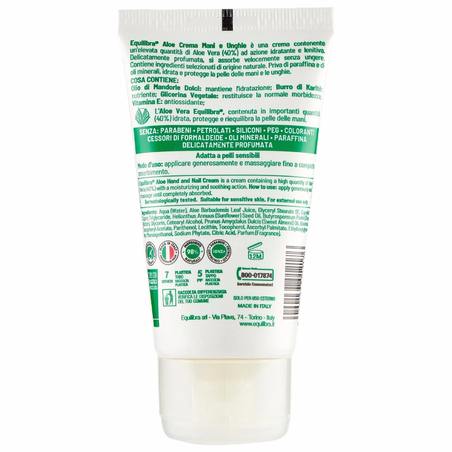 equilibra Corpo, Aloe Crema Mani e Unghie, Crema Mani a Base di Aloe Vera, Svolge un'Azione Idratante, Lenitiva, Protettiva e Riequilibrante sulla Pelle, Rapido Assorbimento, 75 ml