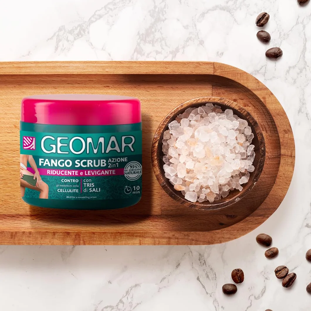 GEOMAR Fango Scrub 2 in 1 Riducente Levigante Cellulite 95% Origine Naturale Tris Sali Marino Epsom Mar Morto Made in Italy 600 g