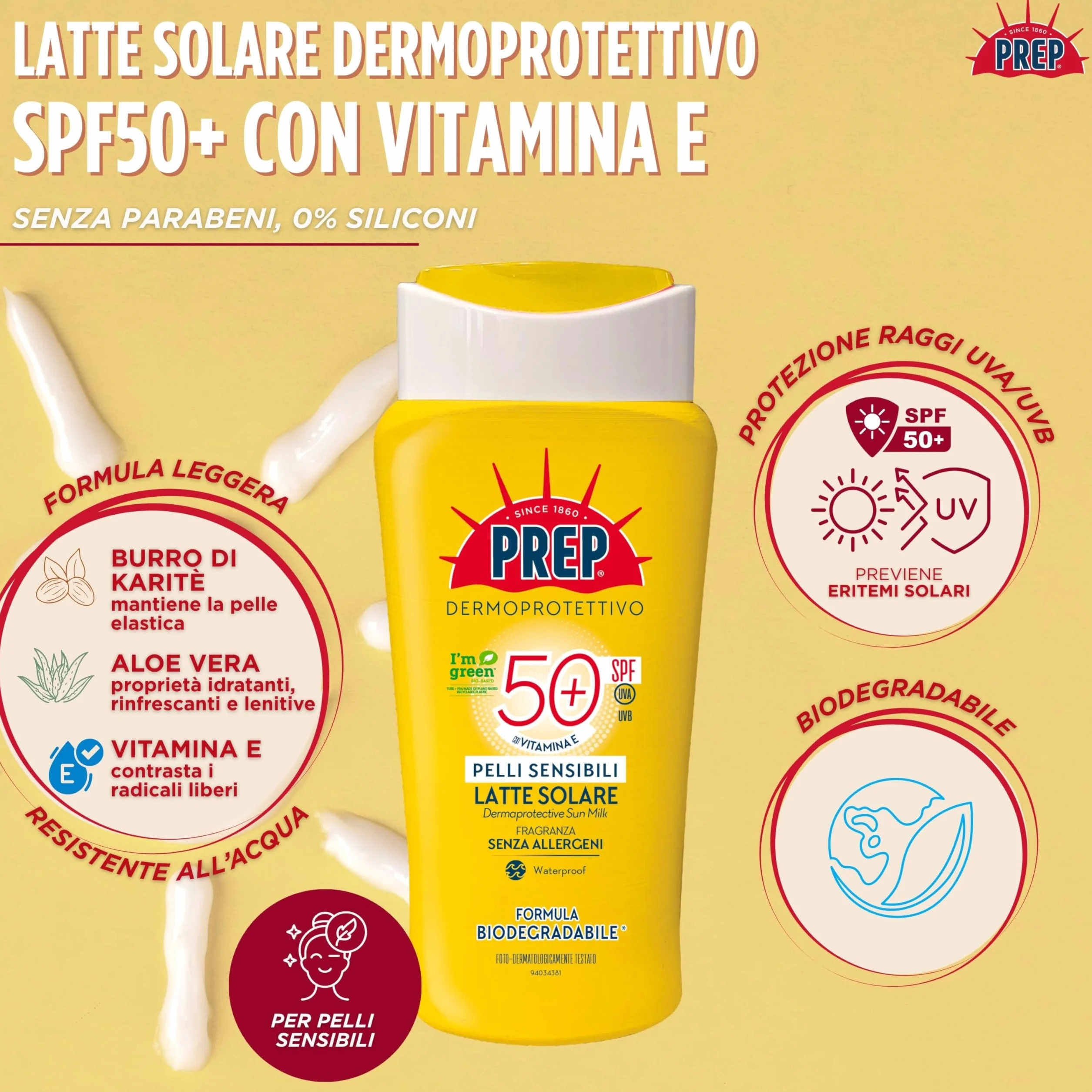Latte Solare SPF50+ Protezione Pelli Sensibili UVA/UVB Vitamina E Aloe Bio 200ml