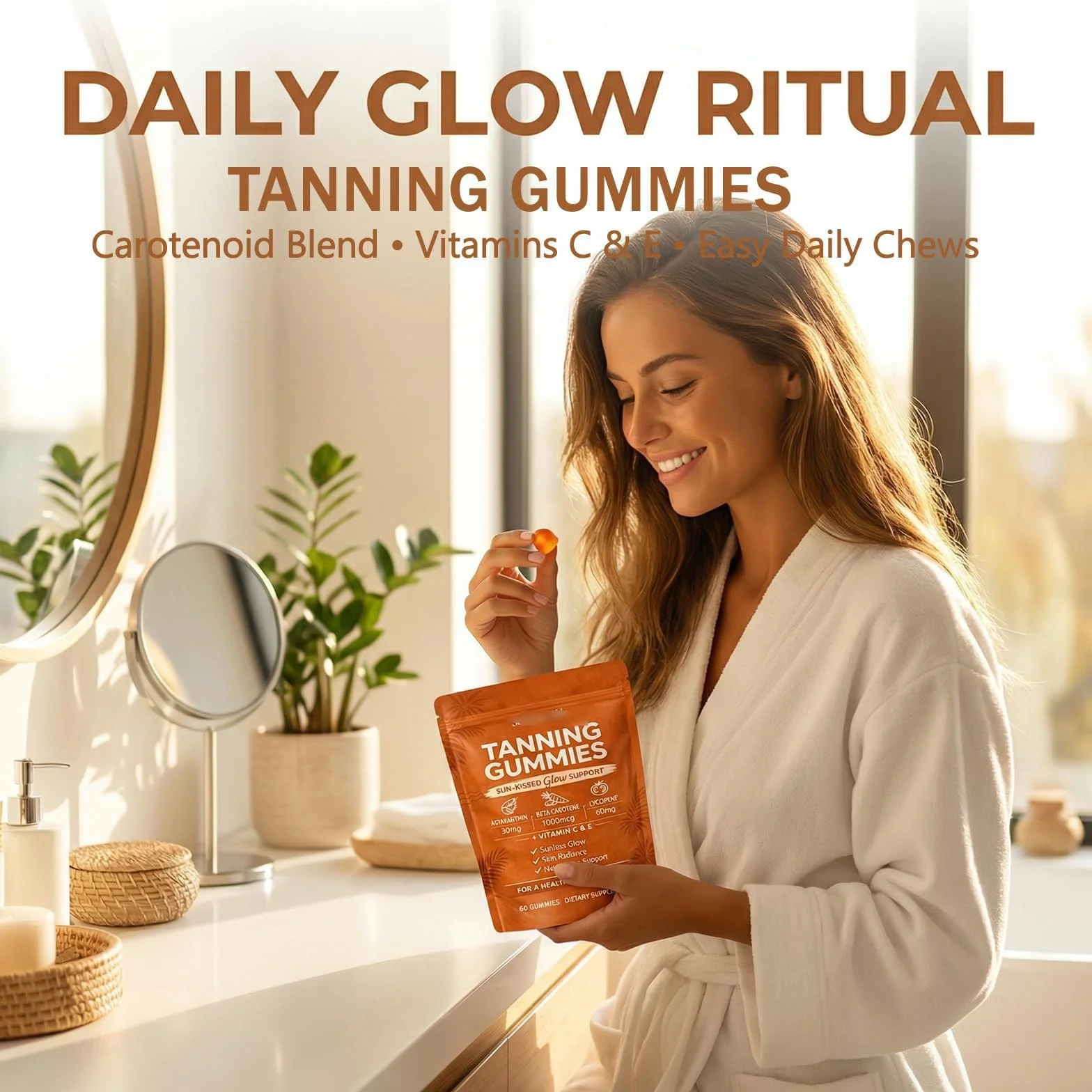 Gummies Abbronzanti da Donna, Tanning Gummies Women, Abbronzatura Rapida Senza Sole, Astaxantina, Miscela di Beta-Carotene e Licopene, Luminosità e Idratazione Della Pelle per un Bagliore Naturale (3)