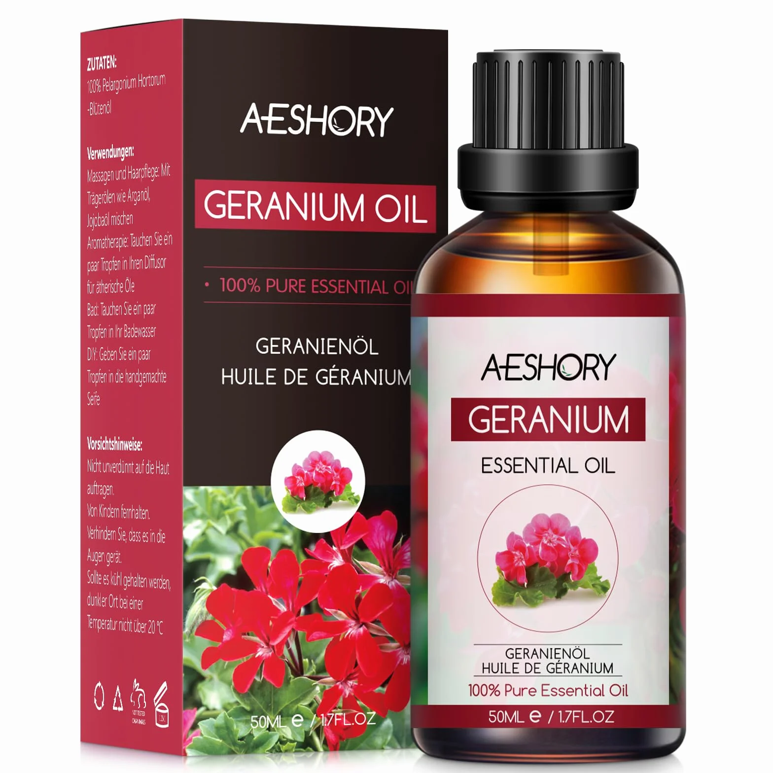 AESHORY Olio Essenziale di Geranio 50ML, Naturali Olio di Geranio, Olio Profumati Aromaterapia Premium per Diffusori, SPA, Massaggio, Cura della Pelle