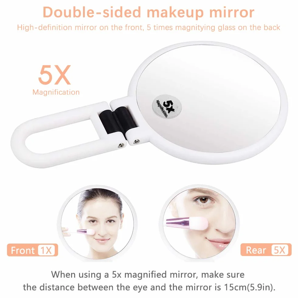 Specchio Trucco Bifacciale Ingranditore 5X/1X Specchio Cosmetico a Mano con Manico Pieghevole Specchietto da Viaggio Portatile per Sospeso Tavolo, Hand Held Mirror Tondo Piccolo (Bianco)