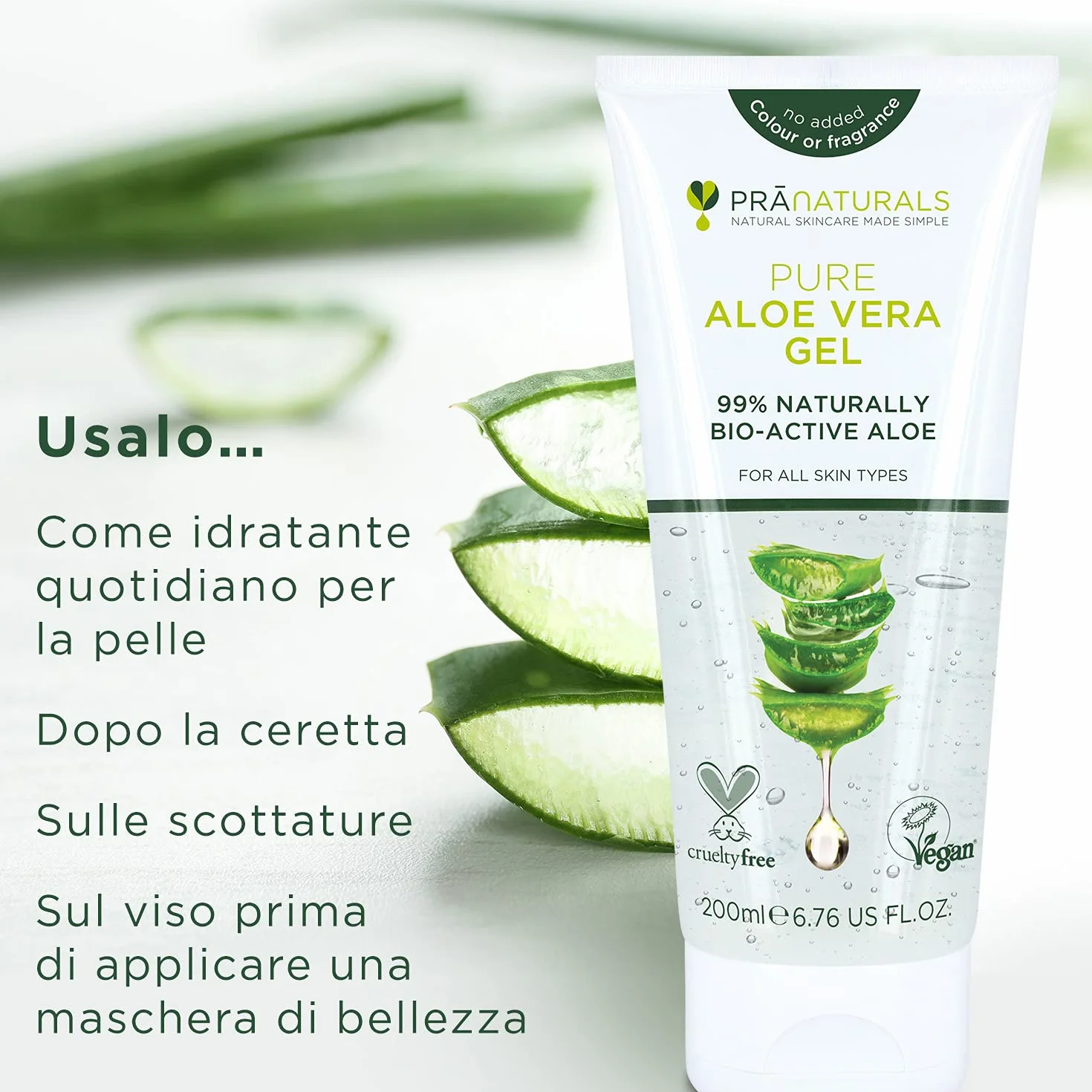 Pranaturals Aloe Vera Gel 200 ml Idratante Lenitivo Pelle Danneggiata