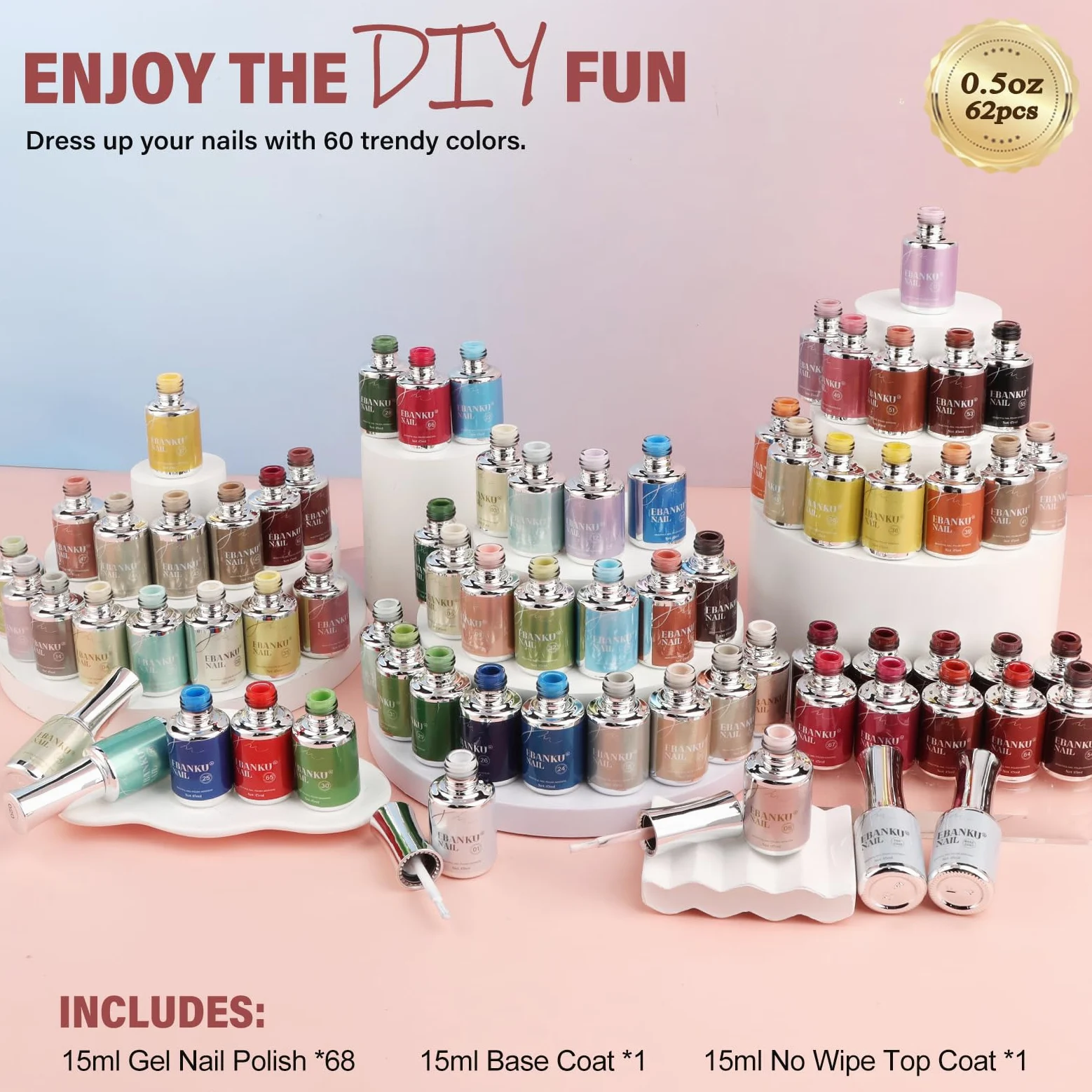 EBANKU 68 Colori 15ML Smalto Gel Set Hema-Free Stesso Colore Flacone | Smalto Semipermanente per Unghie con 2PCS Base e Top Coat, Lunga Durata per Manicure a Casa