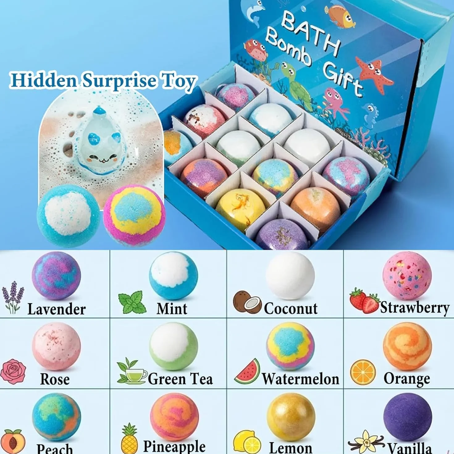 STOAT Bombe da Bagno Bambini con Sorpresa, 12Pz Scatola Regalo con Giocattoli, Naturali Bio, Schiuma Bagno Delicata per Ragazzi