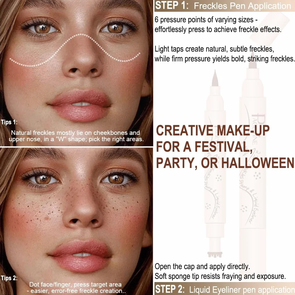 2 in 1 Freckle Maker e Eyeliner, Penna per Lentiggini Finte con 6 Punti Irregolari Naturali, Punta Spugna Antisfilamento, Waterproof e 24H, Ideale per Makeup Quotidiano e Festival - 3.0 Scuro