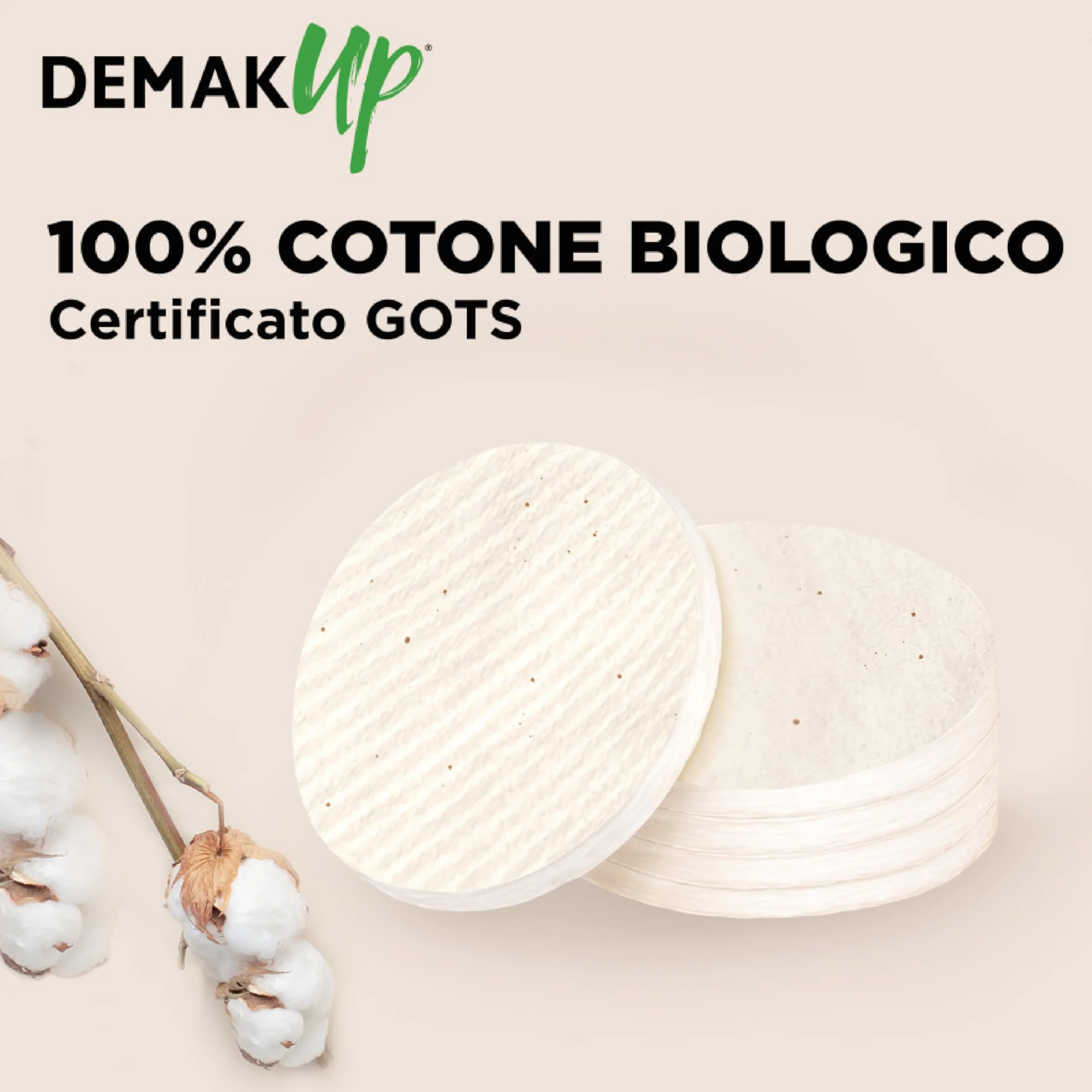 Demak'Up Cotton Bio dischetti struccanti, Confezione da 50 dischetti ovali, cotone non sbiancato