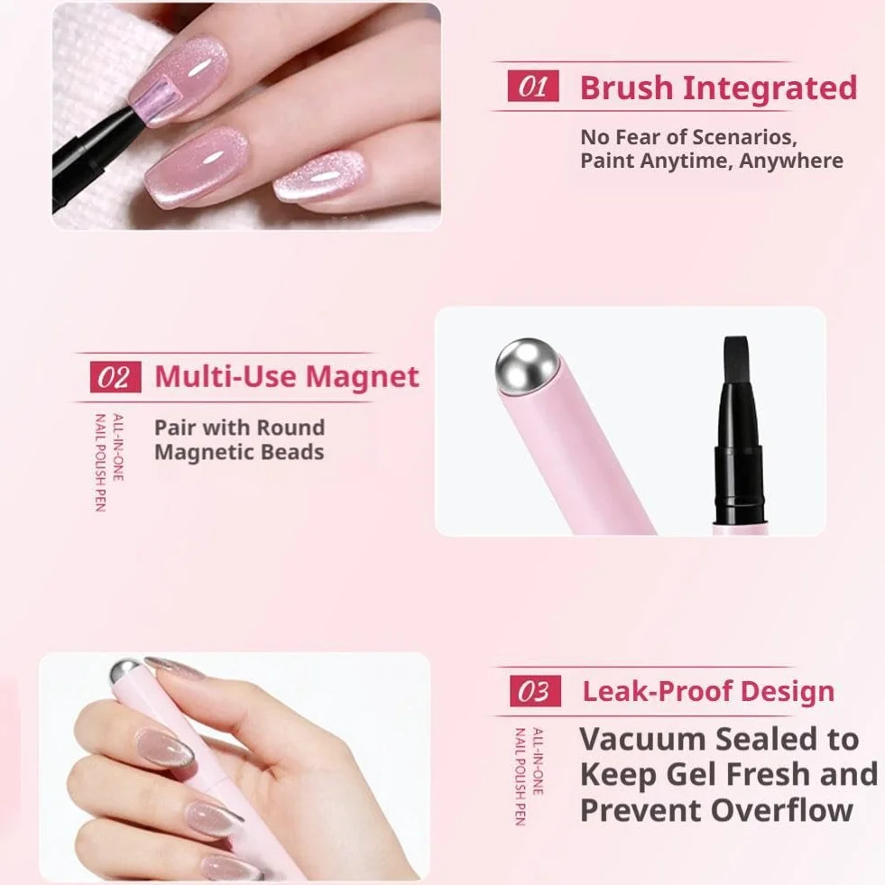 Penna per nail art 7 in 1 Cat Eye, smalto gel magnetico con magnete integrato, blocco Ccolor a lunga durata, pennello tutto in uno, formula autolivellante, portatile per principianti, 3 g (02)