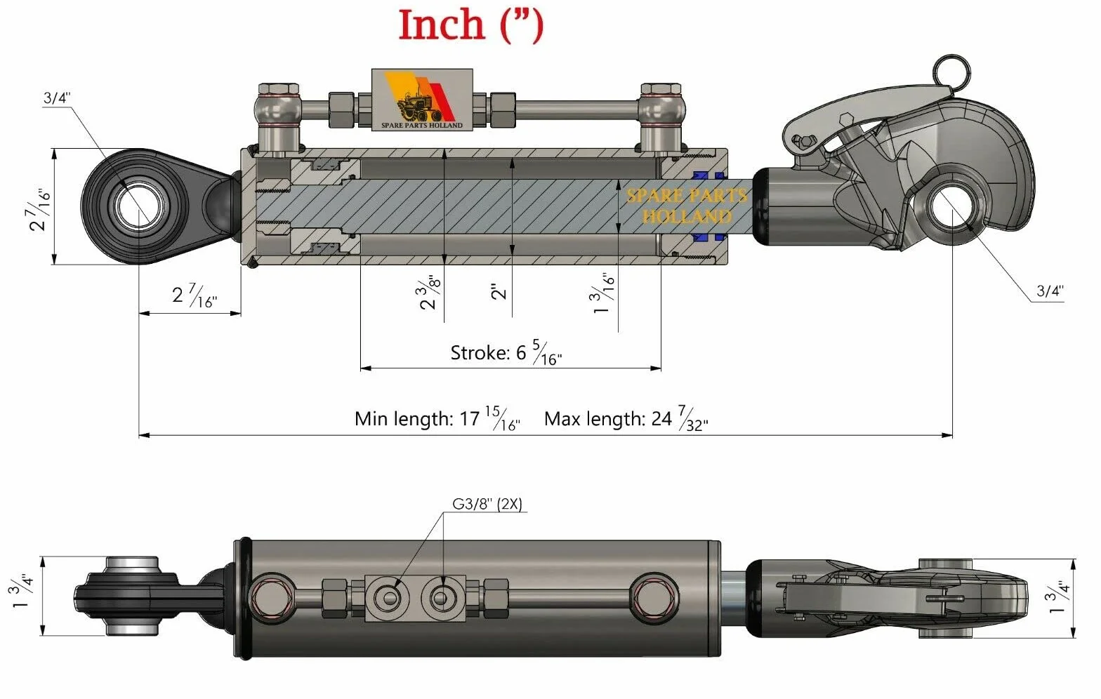 Terzo punto idraulico per trattore CAT 1, Gancio di cattura 17 15/16" - 24 7/32", Bloccaggio Tubi Stroke 6 5/16"