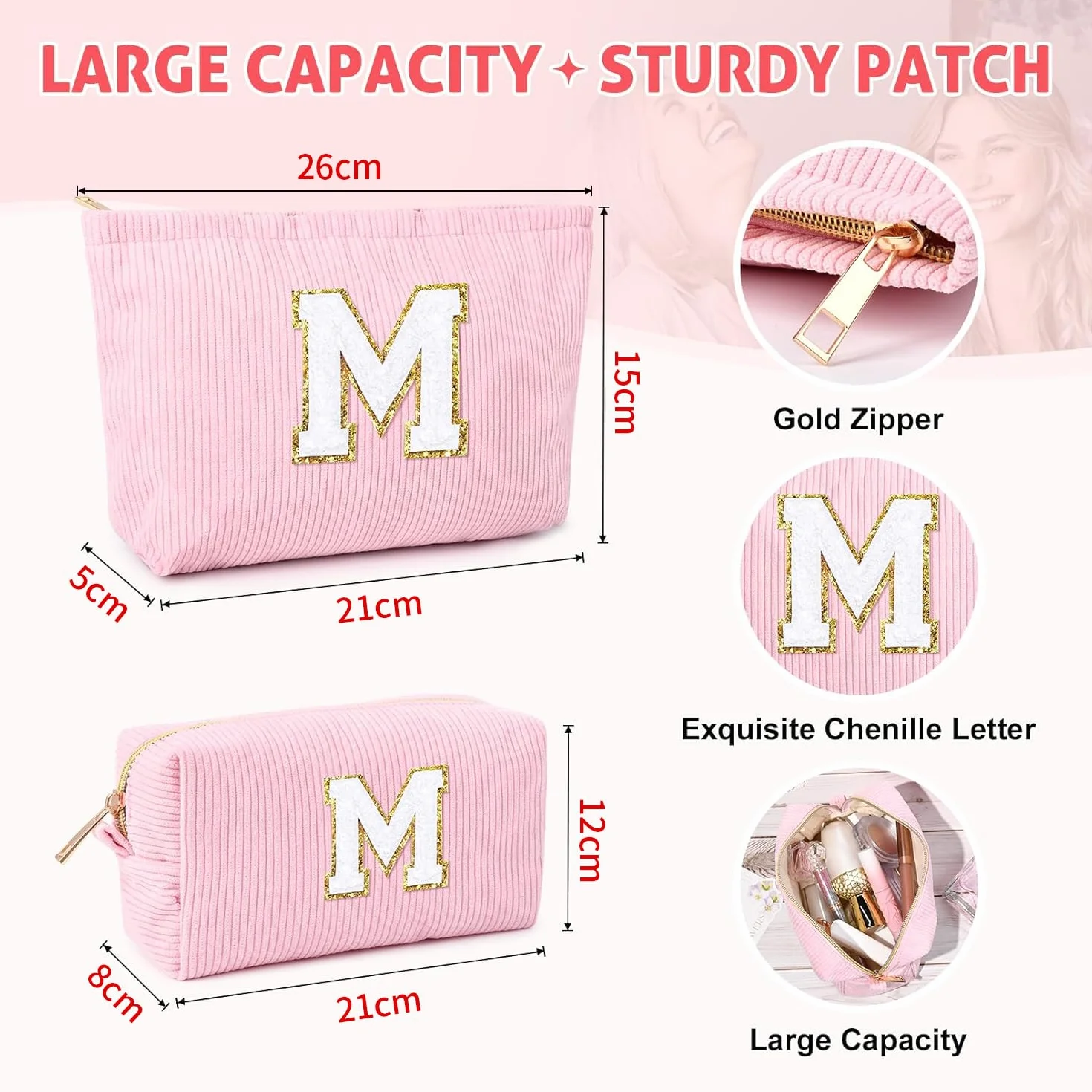 Borsa per Cosmetici Donna Iniziale Pochette Trucchi Viaggio Trousse Organizer Grande Rosa Beauty Case Regalo(M)