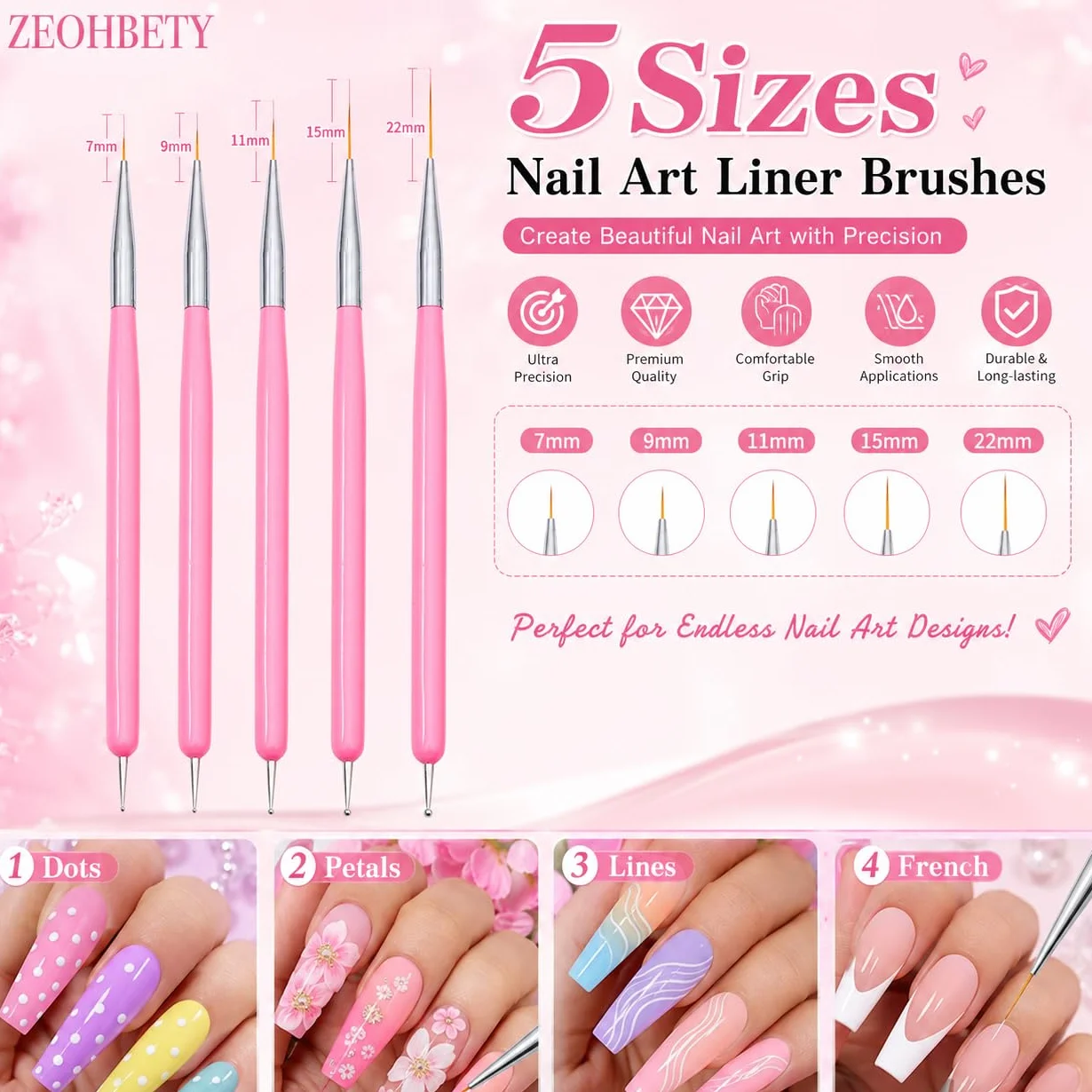 Pennelli per nail art, 5 pennelli per nail art, strumenti per punteggiare, set di pennelli per disegno artistico per linee lunghe, dettagli sottili, dimensioni 7/9/11/15/22 mm, rosa