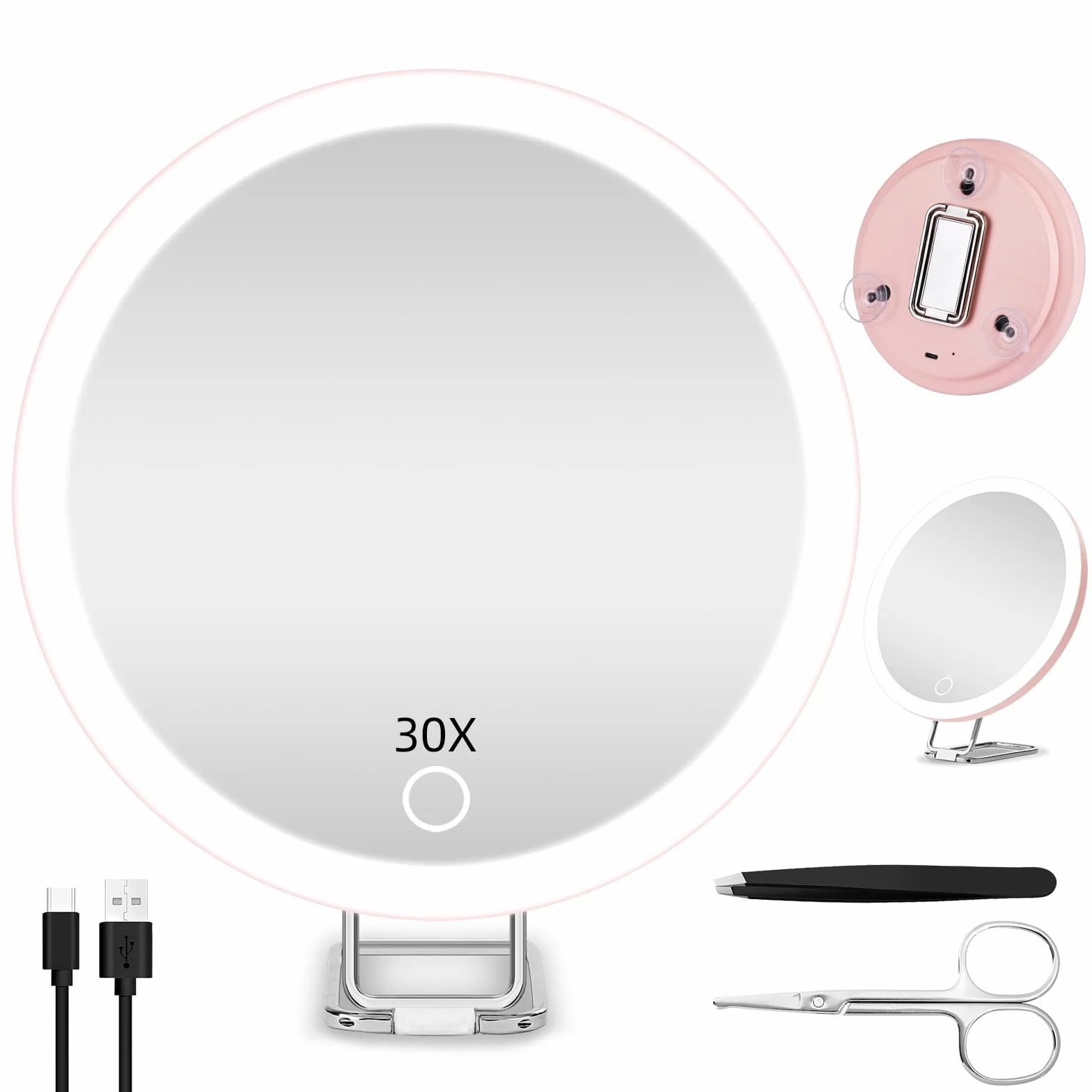 Specchio compatto a LED 30X ingranditore 15cm ricaricabile portatile per trucco