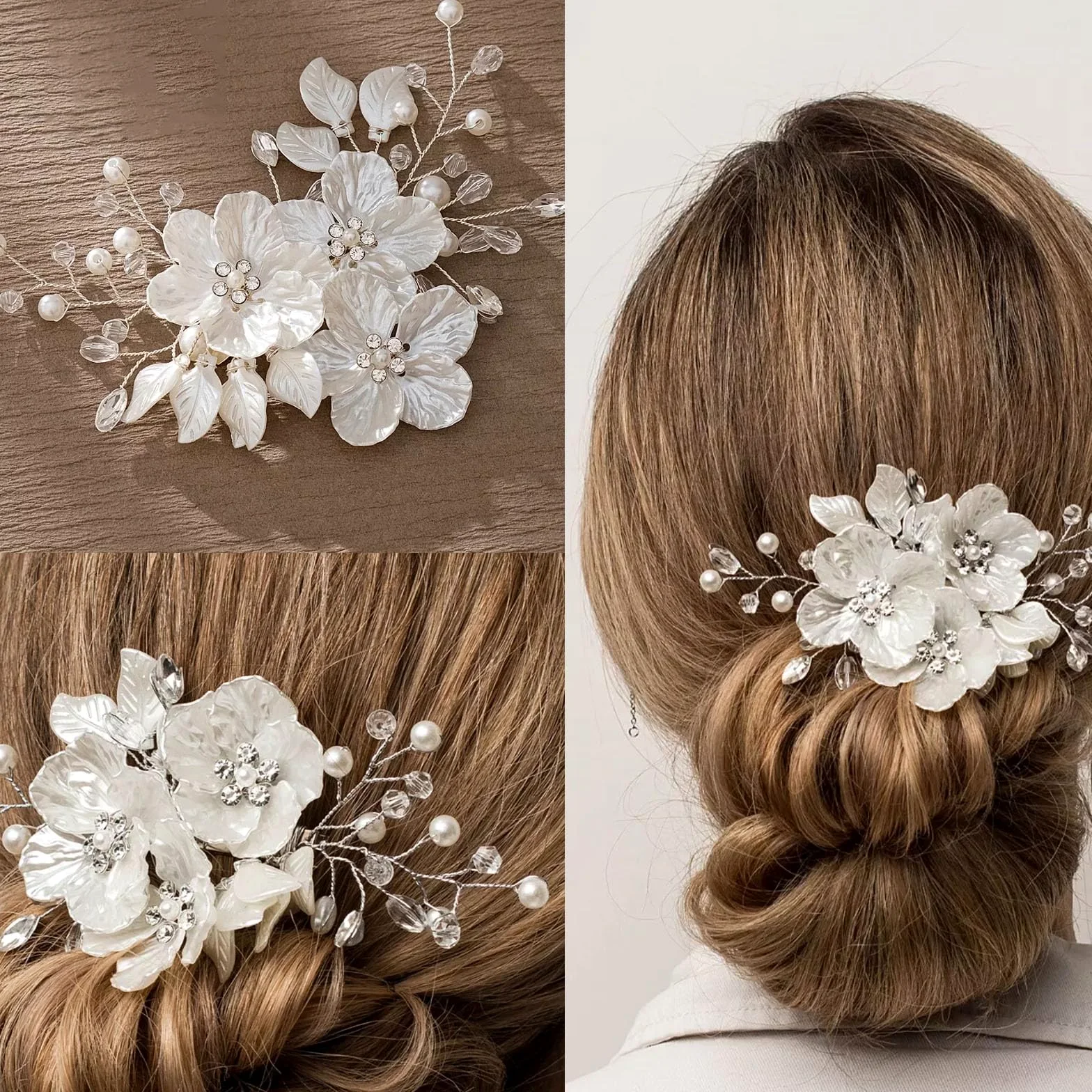3 forcine per capelli da sposa con perle di cristallo, accessori per capelli da sposa, gioielli con strass, glitter in rilievo fiore bianco