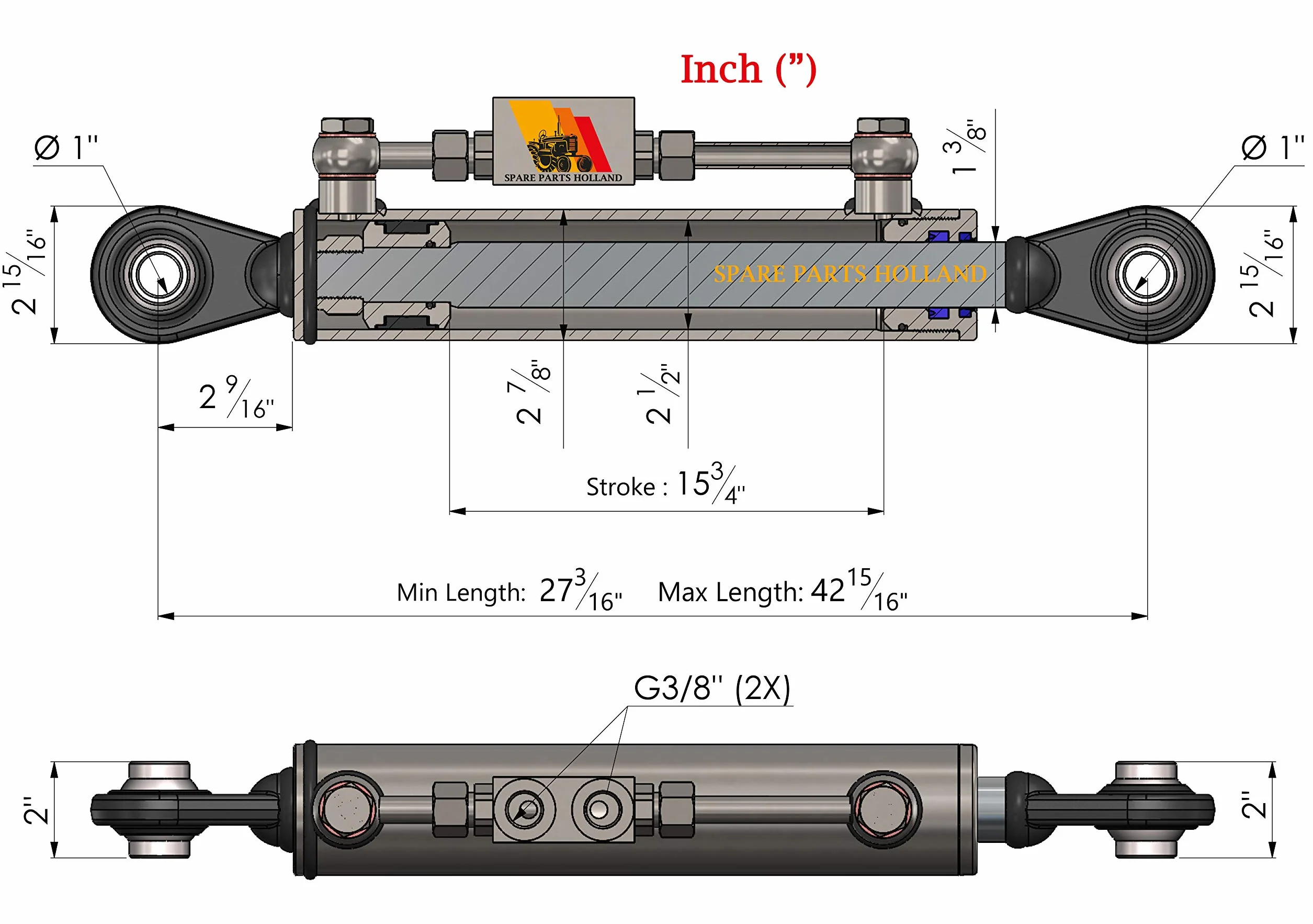 TERZO PUNTO IDRAULICO TRATTORE Cat. 2-2 690-1090 mm CON VALVOLA E TUBI