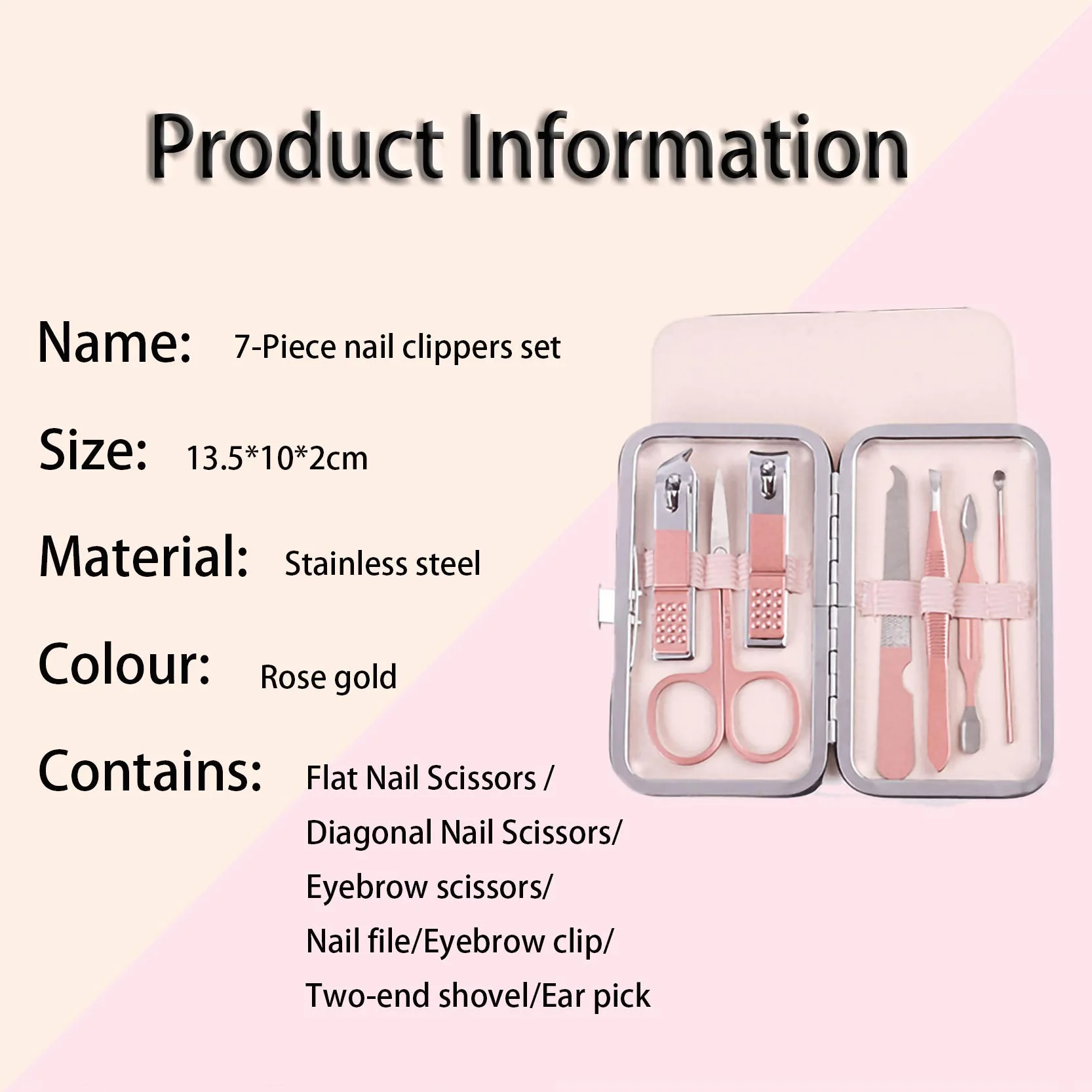 Profesjonalny Zestaw Tagliaunghie 7 Części, Manicure Pedicure Acciaio Inox, Forbici Unghie, Kit Cura Unghie z Pudełkiem Różowy