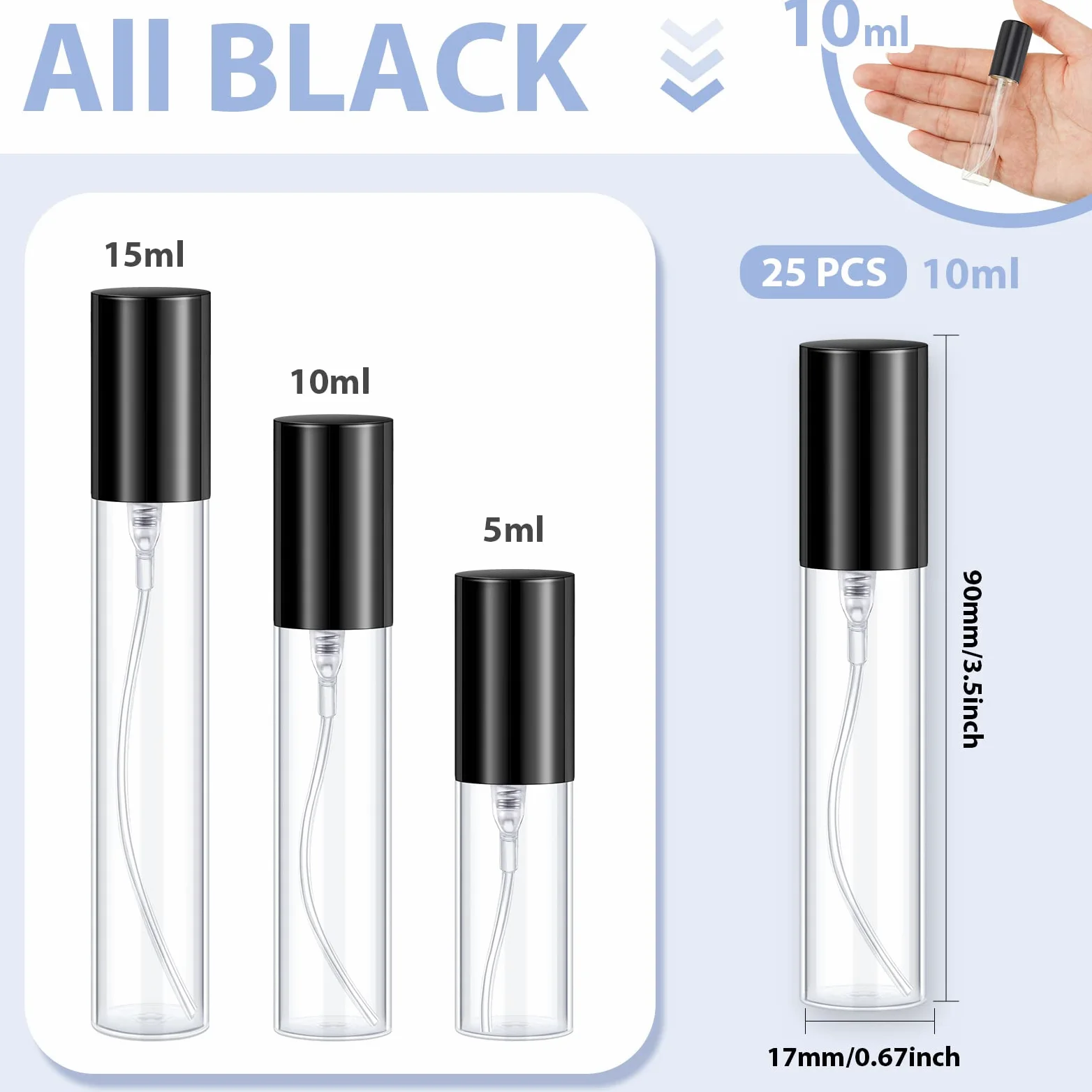 Yinder 25 flaconi spray da viaggio per profumo, vuoti, ricaricabili, vuoti, per profumo, in vetro, trasparenti, portatili, per viaggi (nero, 10 ml)