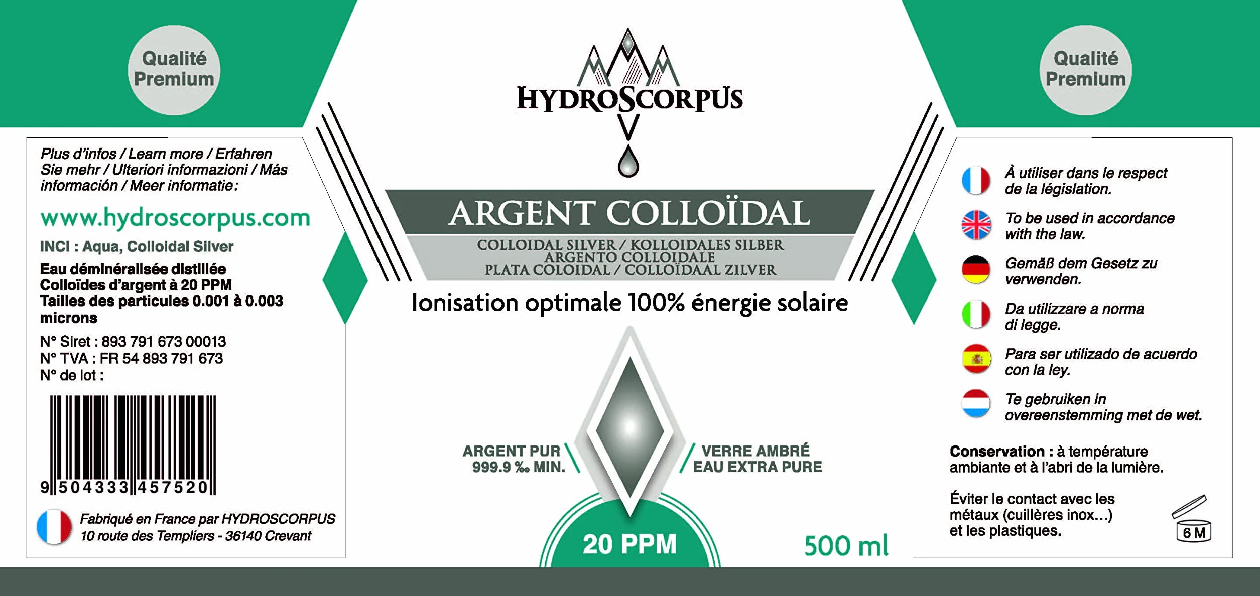 Argento Colloidale 20PPM 500ml Bottiglia di VETRO Ionizzazione 100% solare Oligoelemento organico 100% Naturale