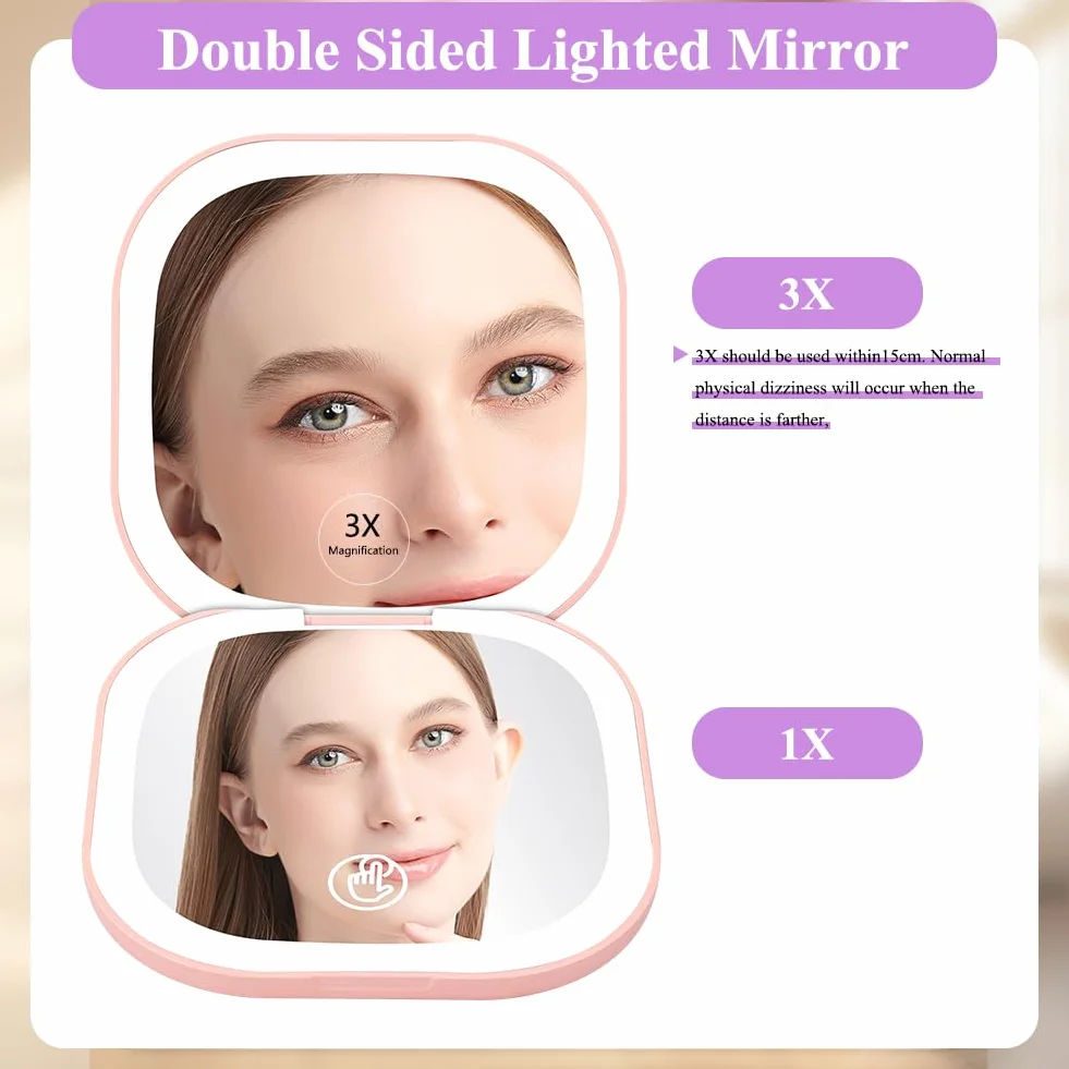 HOTUT Specchio da Trucco con Luce LED, 1X/3X Ingranditore da Viaggio, 3 Colori di Luce, Luminosità Regolabile, USB Ricaricabile, Rosa