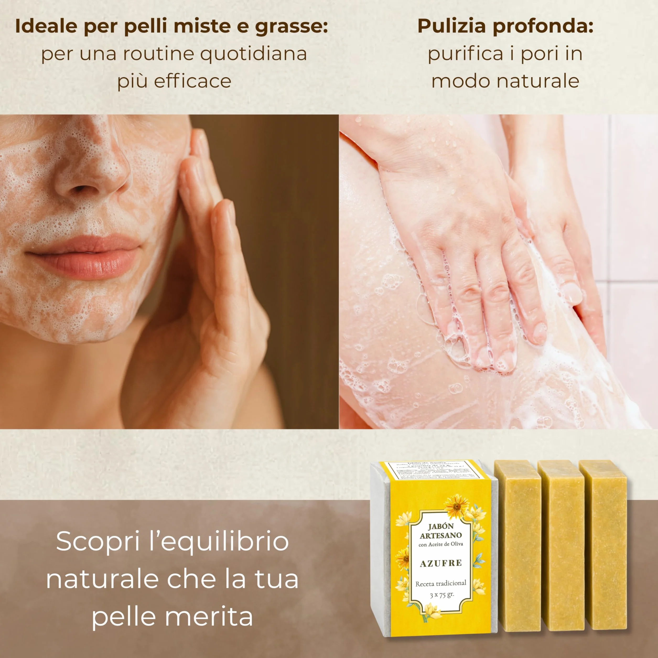 Sapone allo Zolfo per acne viso 3 saponi naturali artigianali con Olio d'Oliva 75 g