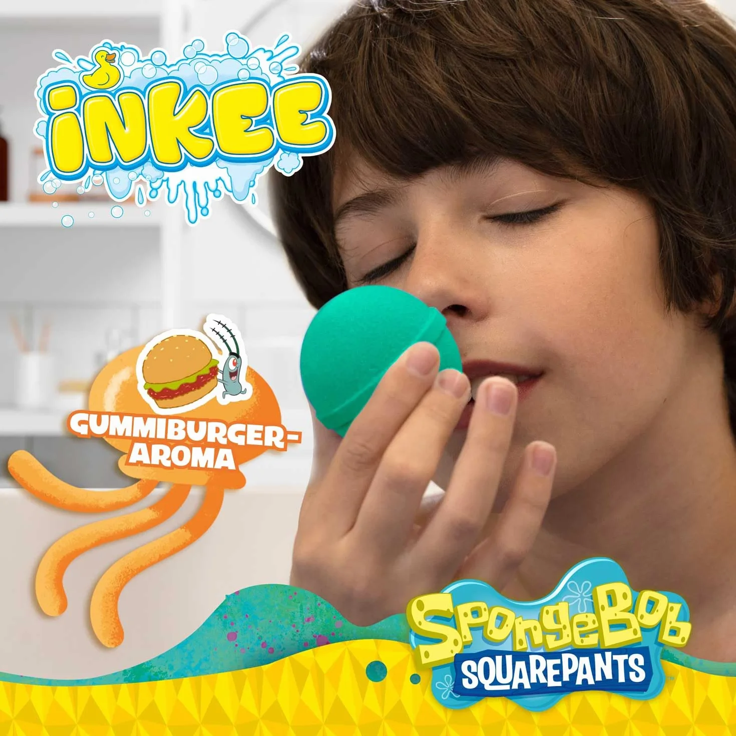 INKEE SpongeBob SquarePants confezione da 5 bombe da bagno per bambini con sorpresa - figure collezionabili di SpongeBob - 5x sfere da bagno da 80 g al gusto di gomma da masticare e olio di jojoba