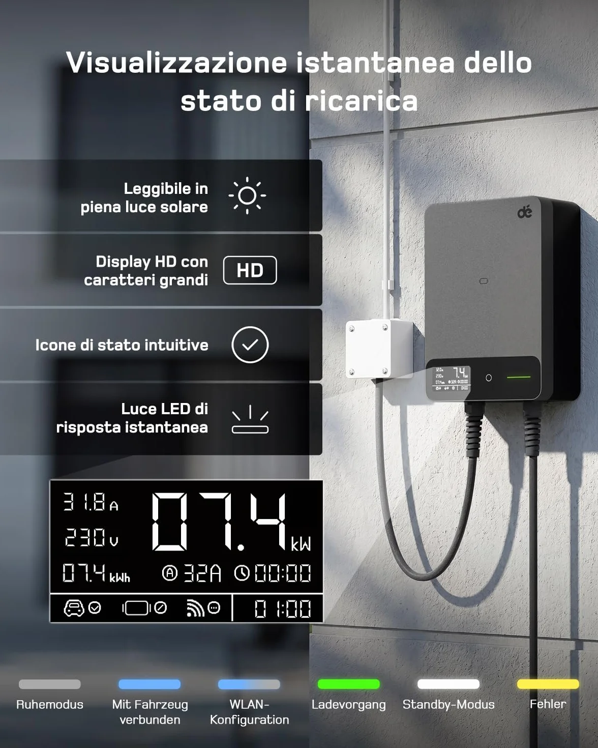 Wallbox 7,4 kW Tipo 2 con App, Cavo 7,5m, RFID, Monofase 6-32A 230V, 7kW, IP54, Nero