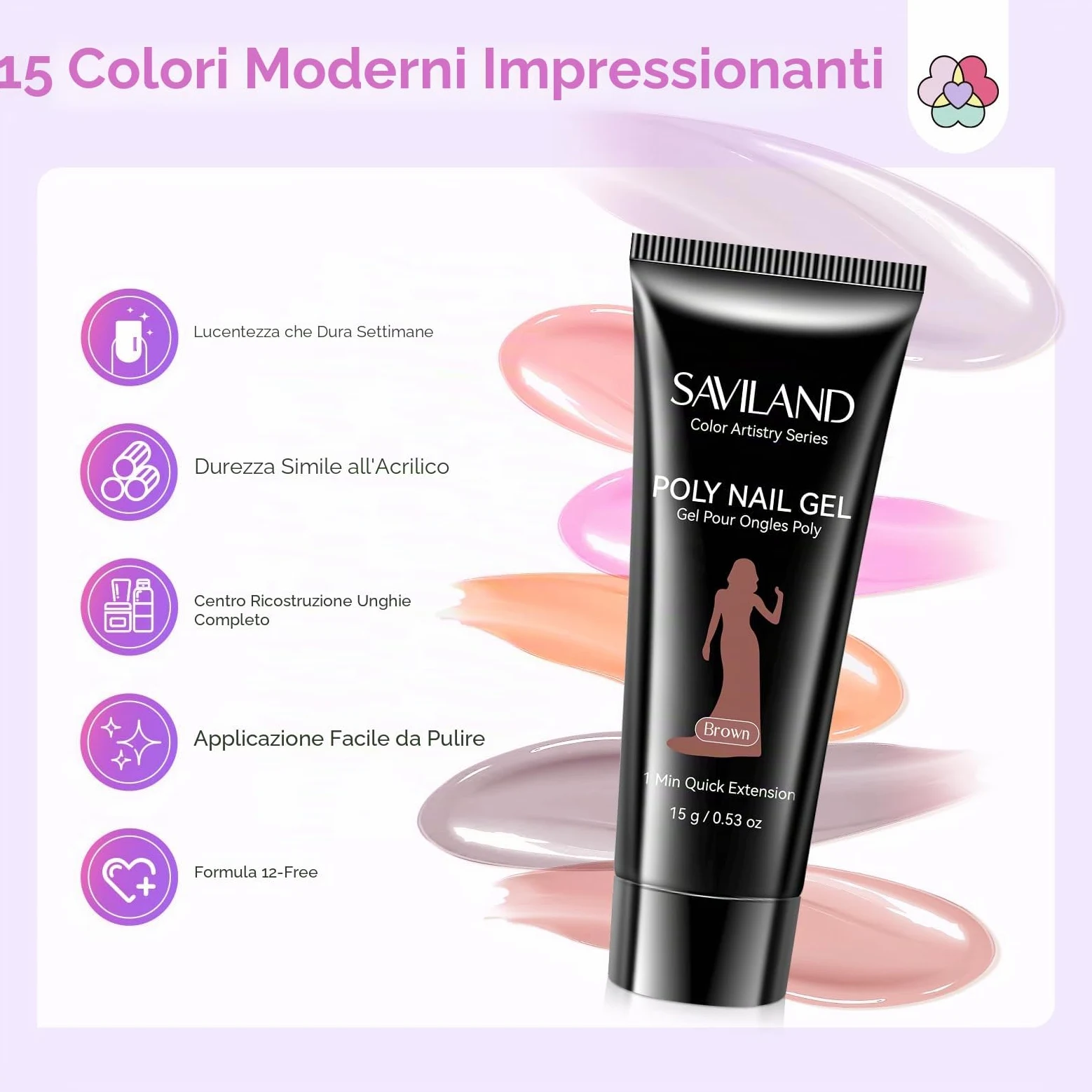 SAVILAND Kit Unghie Gel Completo 15 Colori 15g Polygel per Unghies con Lampada U V e Slip Solution, Kit Ricostruzione Unghie Professionale con Base y Top Coat Adatta per l'autunno e l'inverno